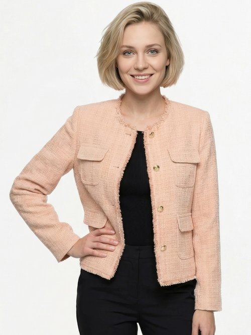 Veste tweed boutonnée frangée sans col Femme Vert TAYANA MV1