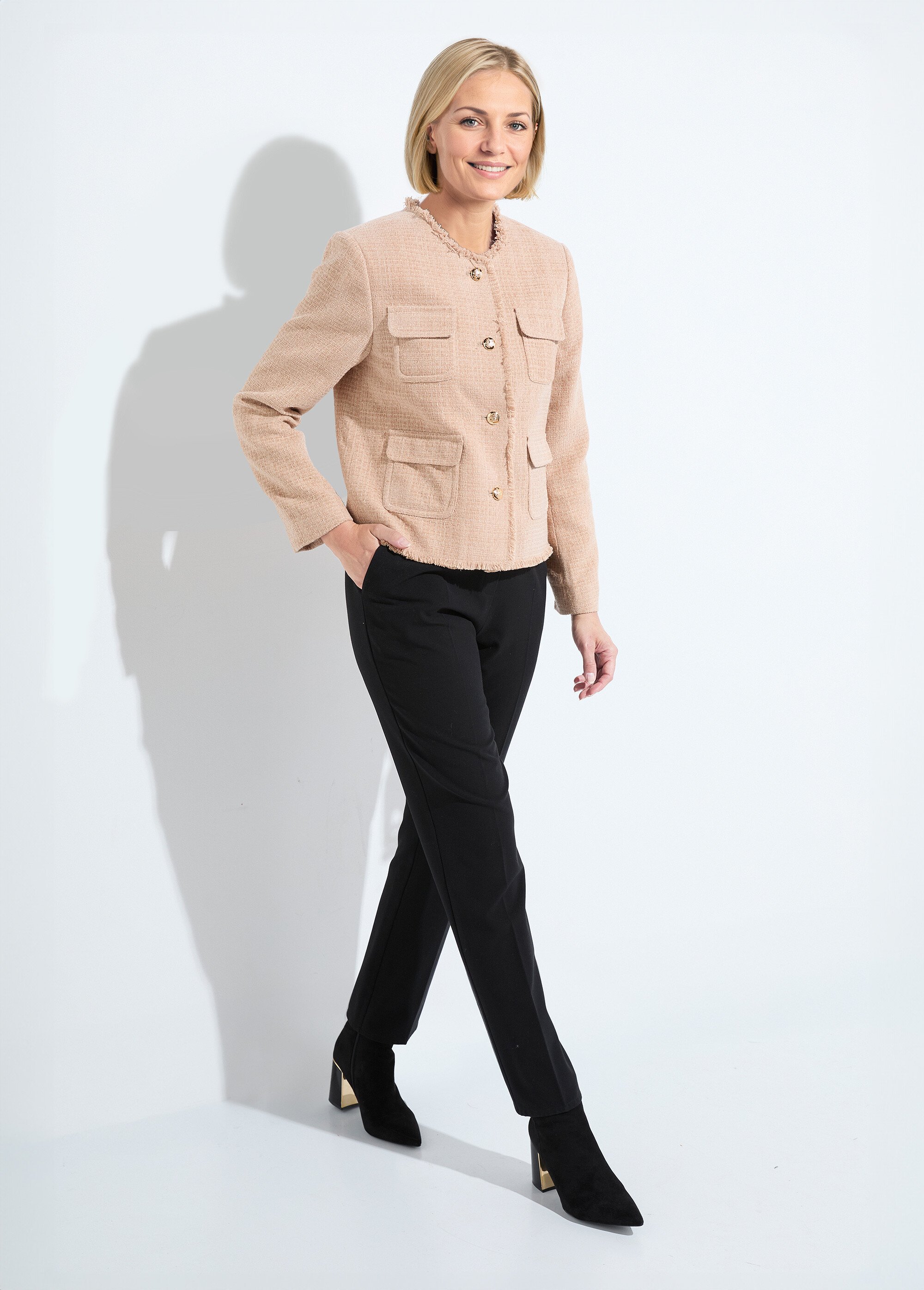 Veste tweed boutonnée frangée sans col Femme Vert TAYANA SF1