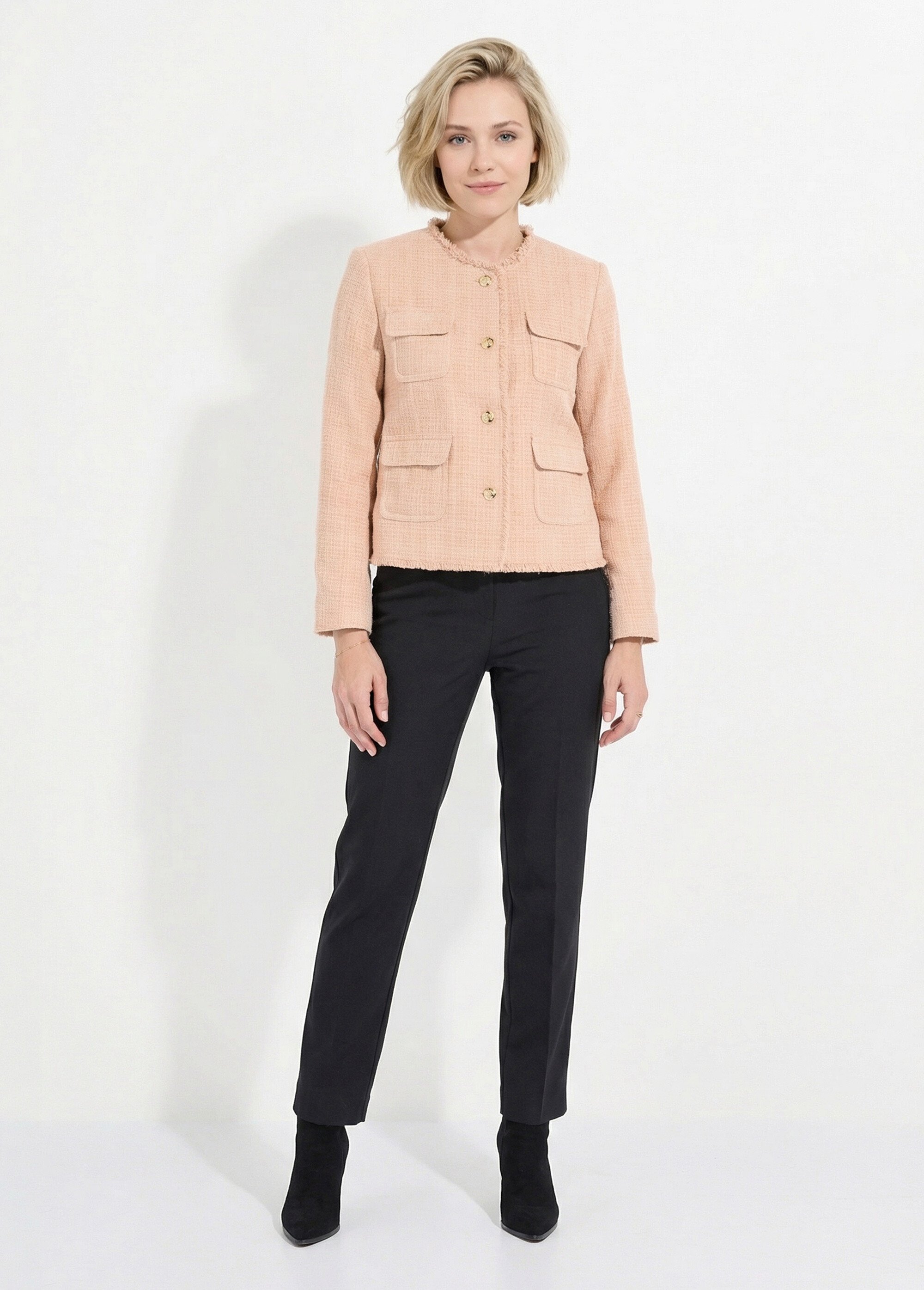 Veste tweed boutonnée frangée sans col Femme Vert TAYANA SF1