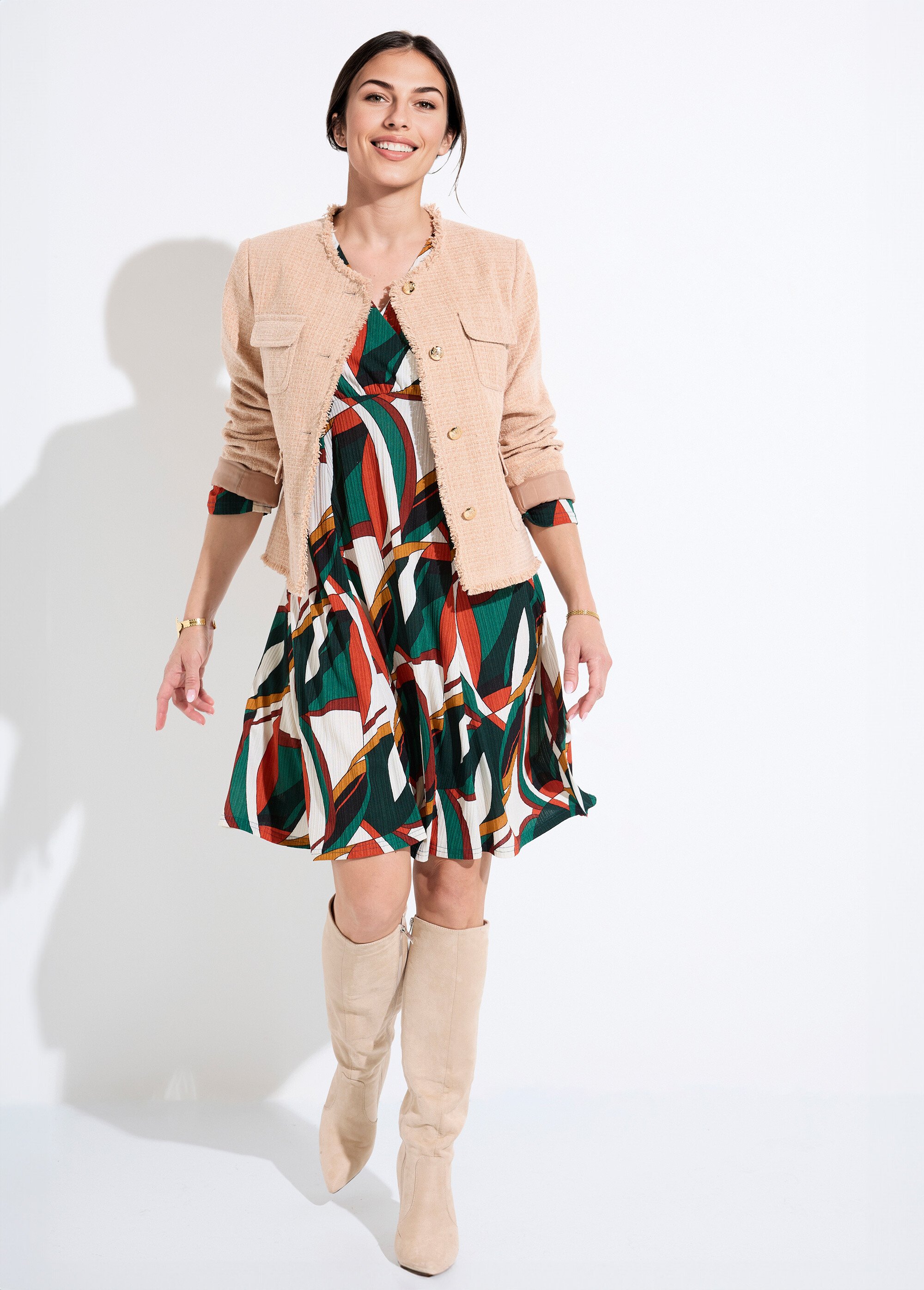 Veste tweed boutonnée frangée sans col Femme Vert TAYANA SI1