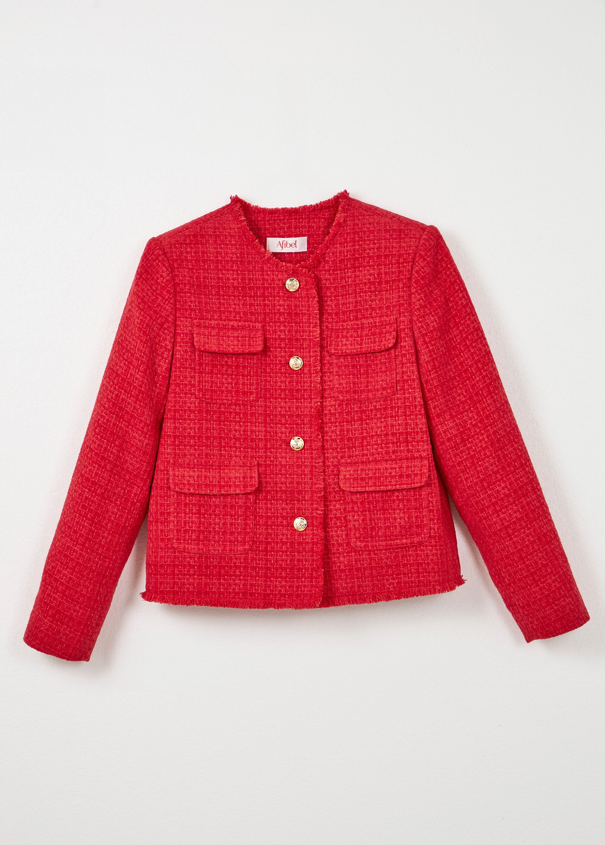 Veste tweed boutonnée frangée sans col Femme Rouge TAYANA AP1