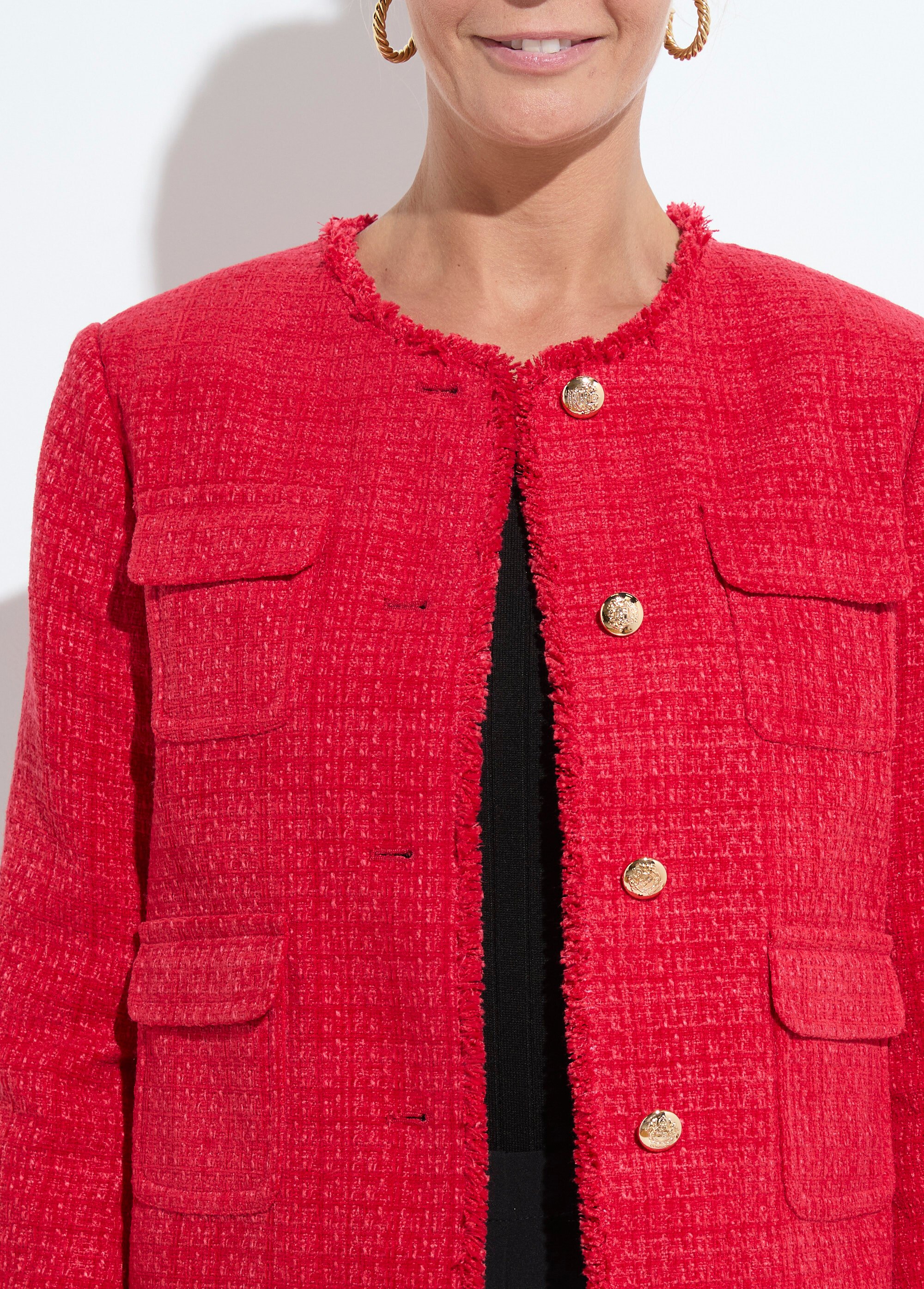 Veste tweed boutonnée frangée sans col Femme Rouge TAYANA DE1