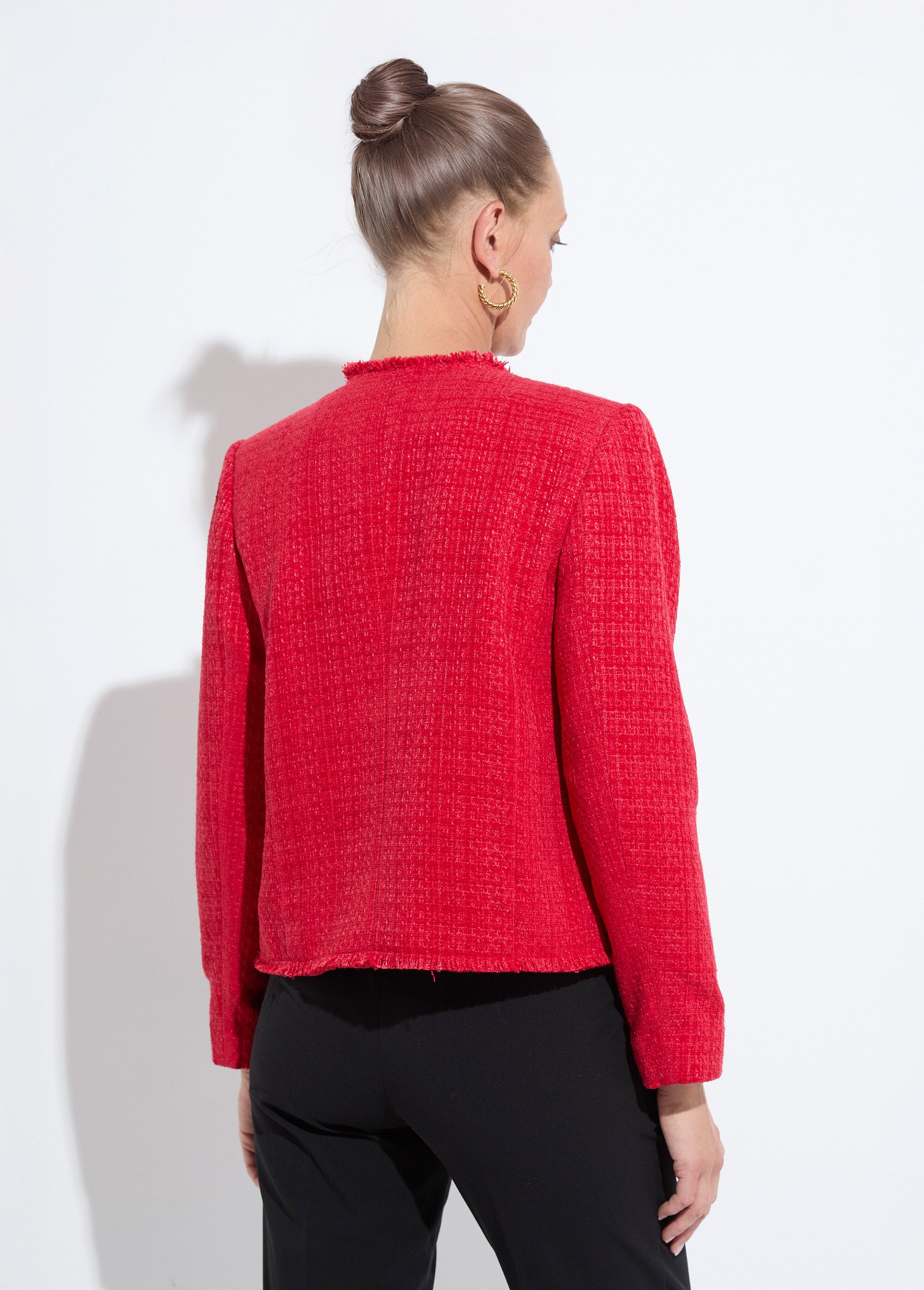 Veste tweed boutonnée frangée sans col Femme Rouge TAYANA DO1