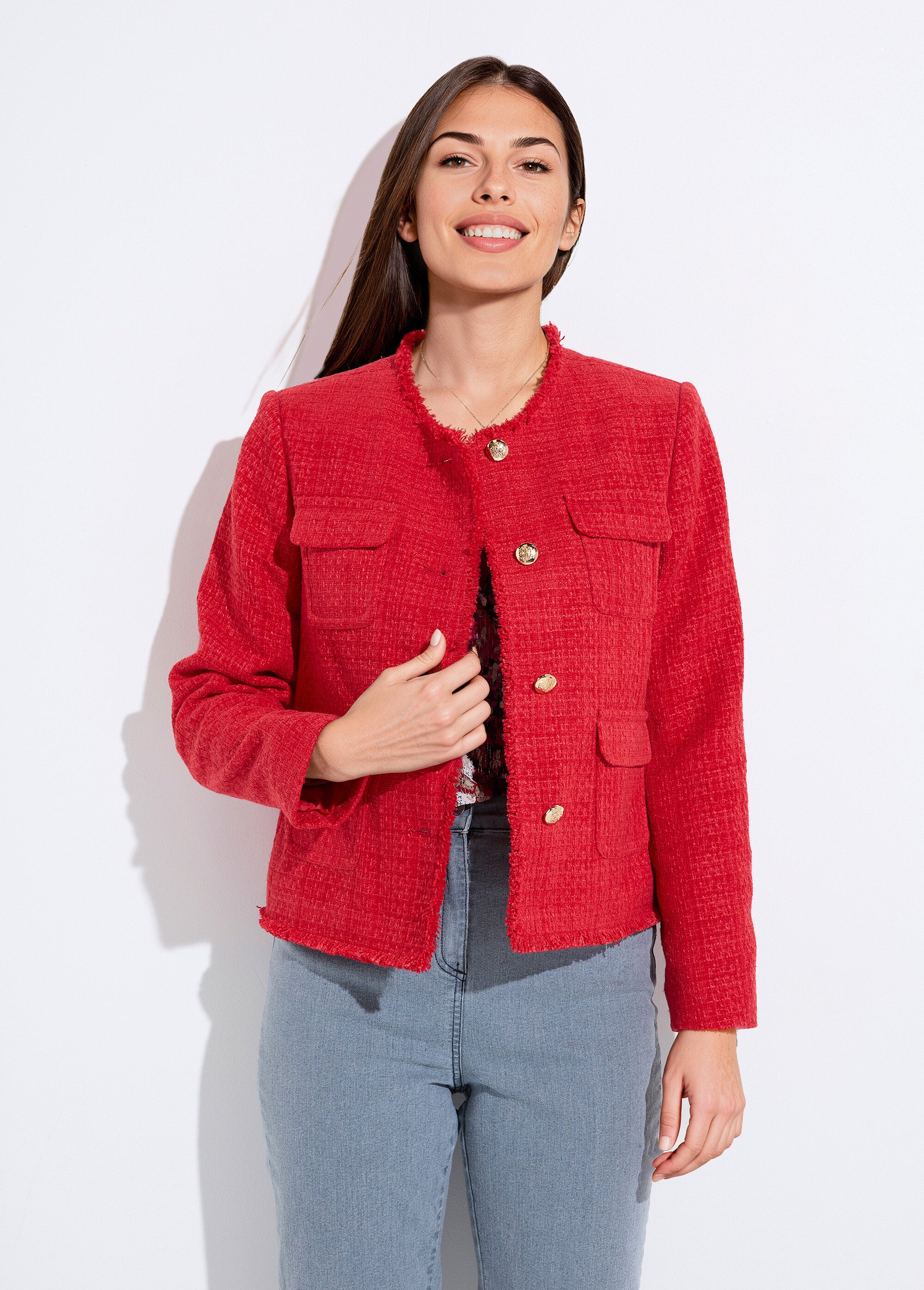 Veste tweed boutonnée frangée sans col Femme Rouge TAYANA FA1