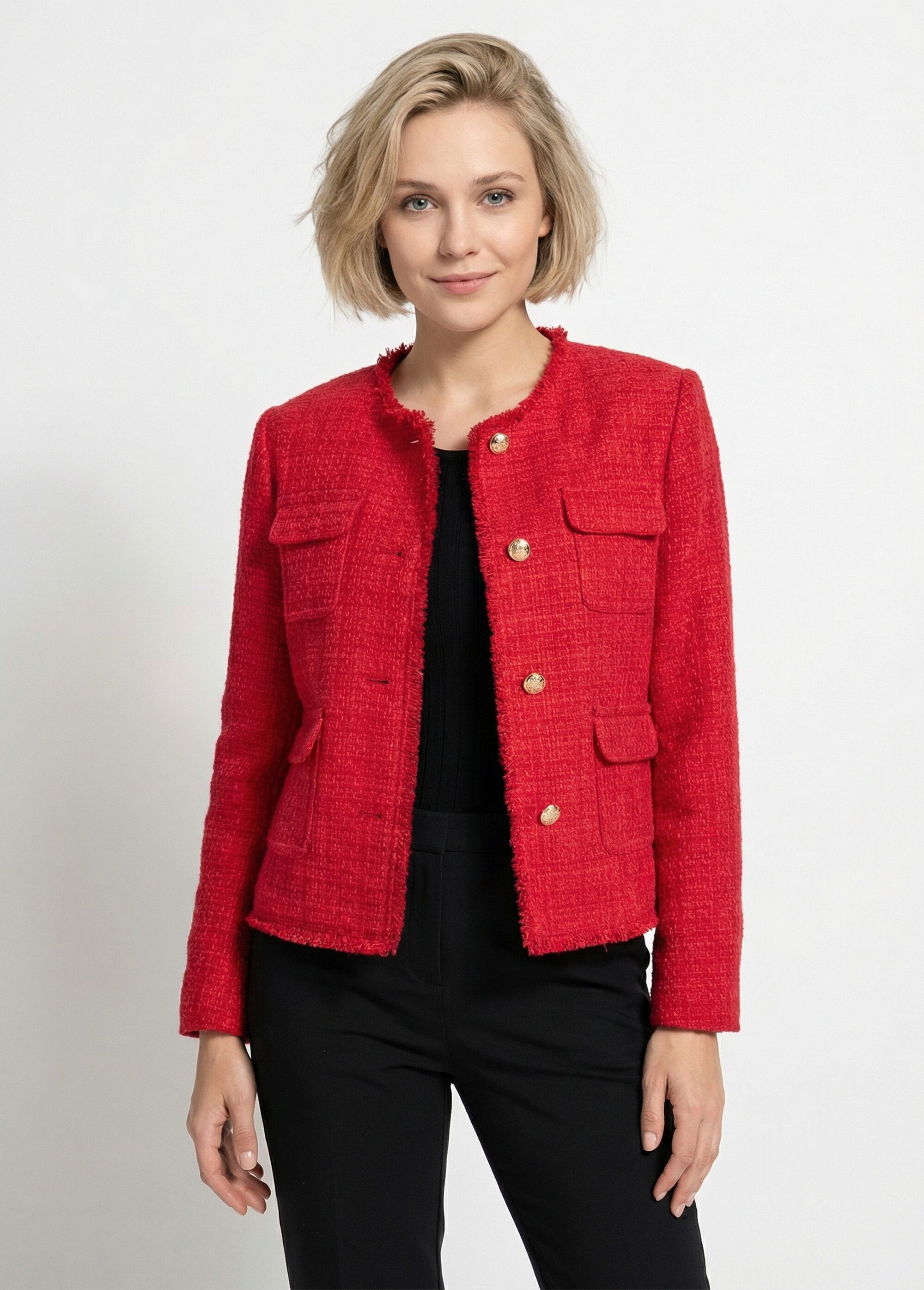 Veste tweed boutonnée frangée sans col Femme Rouge TAYANA FA1