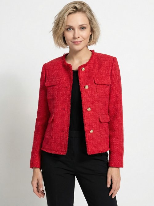 Veste tweed boutonnée frangée sans col Femme Rouge TAYANA FA1
