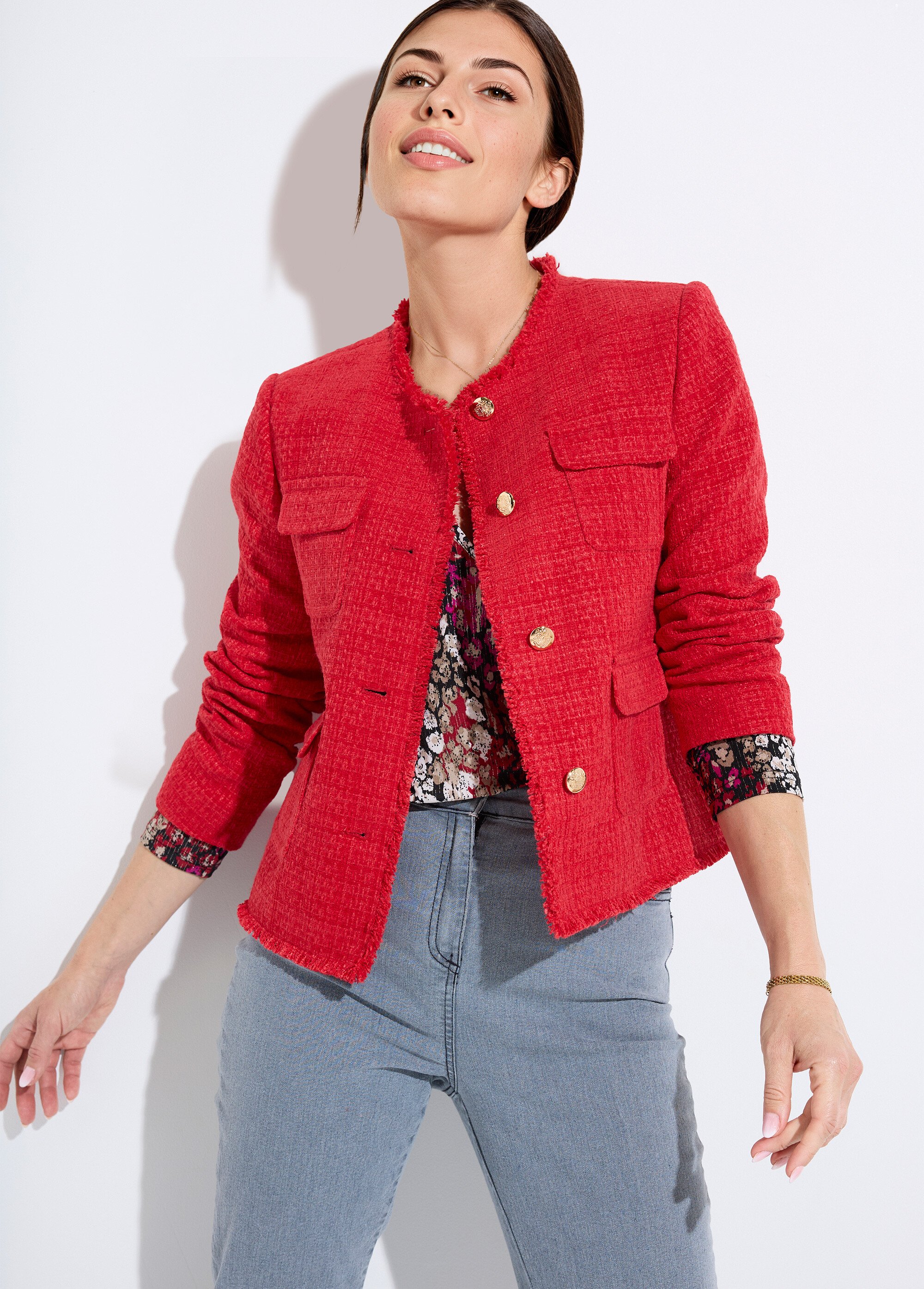 Veste tweed boutonnée frangée sans col