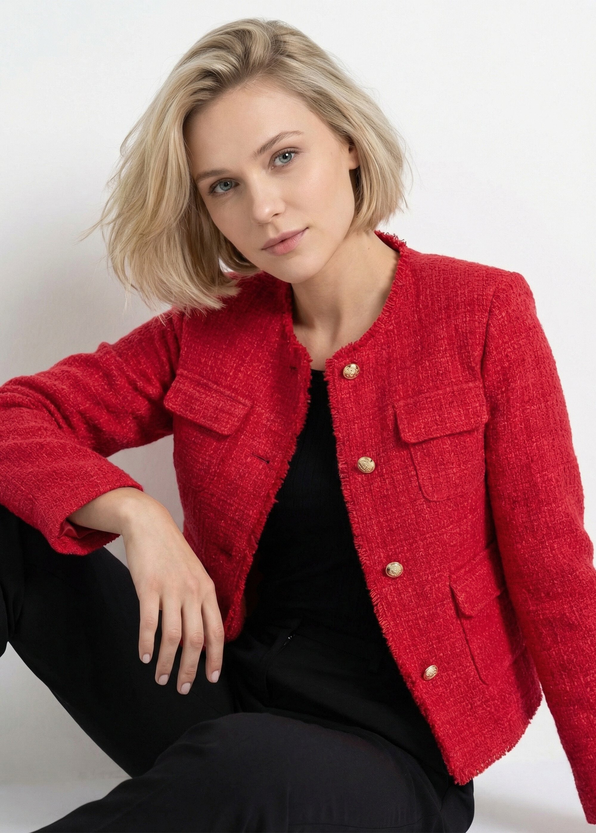 Veste tweed boutonnée frangée sans col Femme Rouge TAYANA MV1