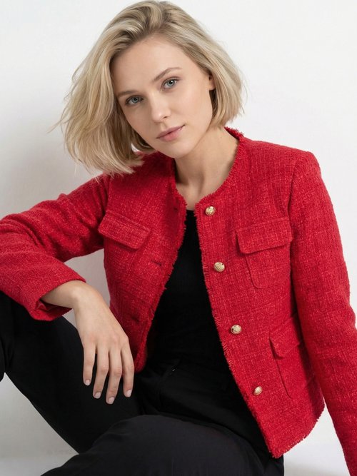 Veste tweed boutonnée frangée sans col Femme Rouge TAYANA MV1