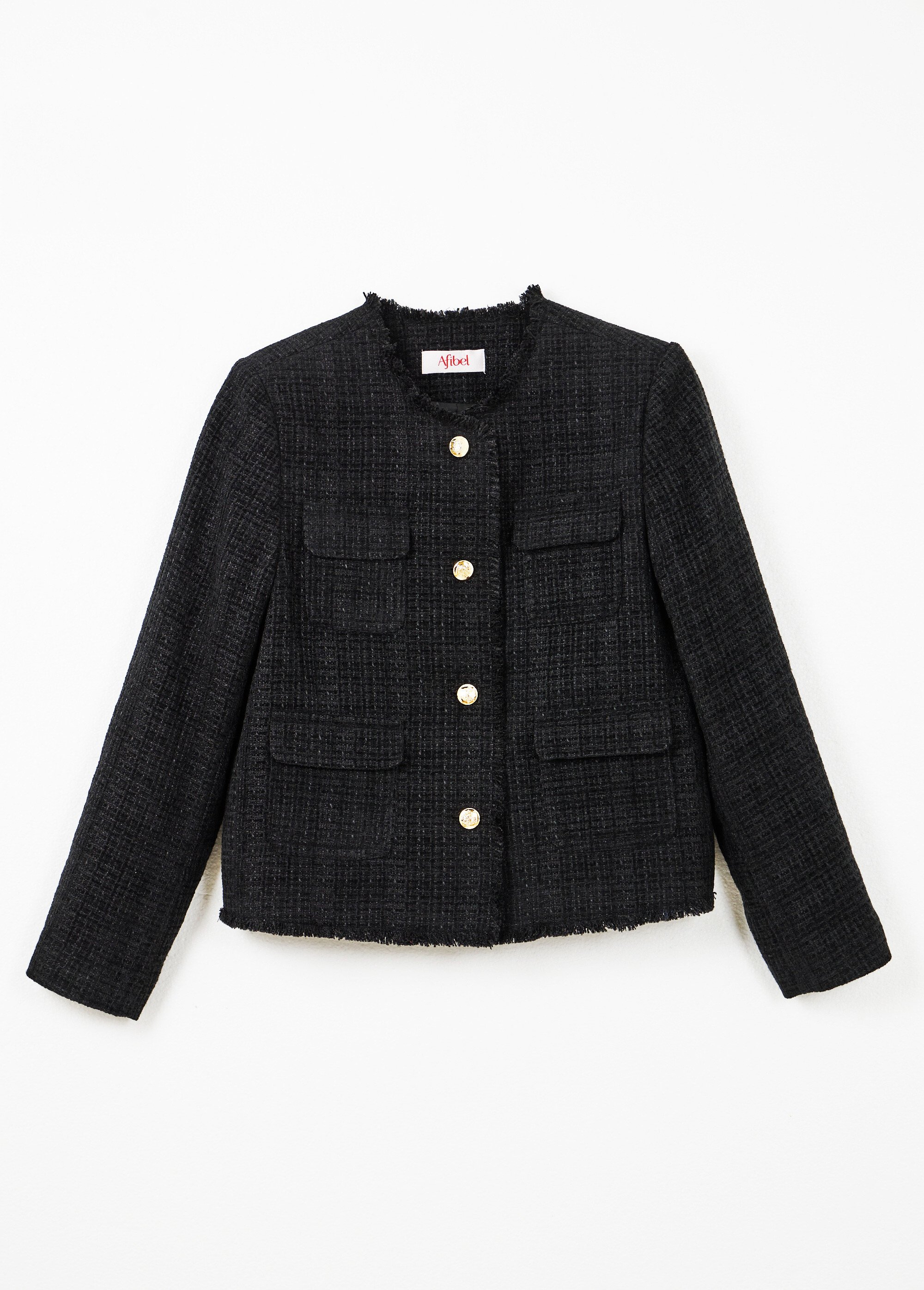 Veste tweed boutonnée frangée sans col Femme Noir TAYANA AP1