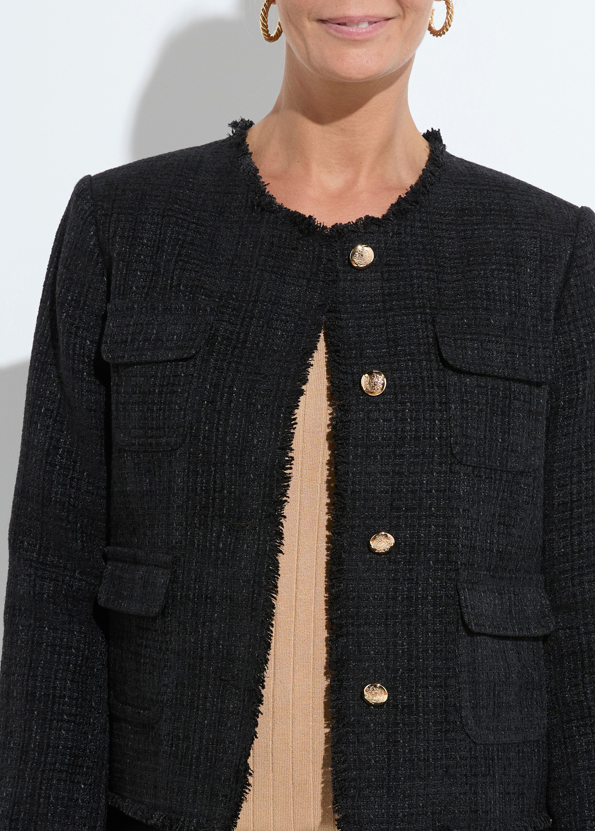 Veste tweed boutonnée frangée sans col