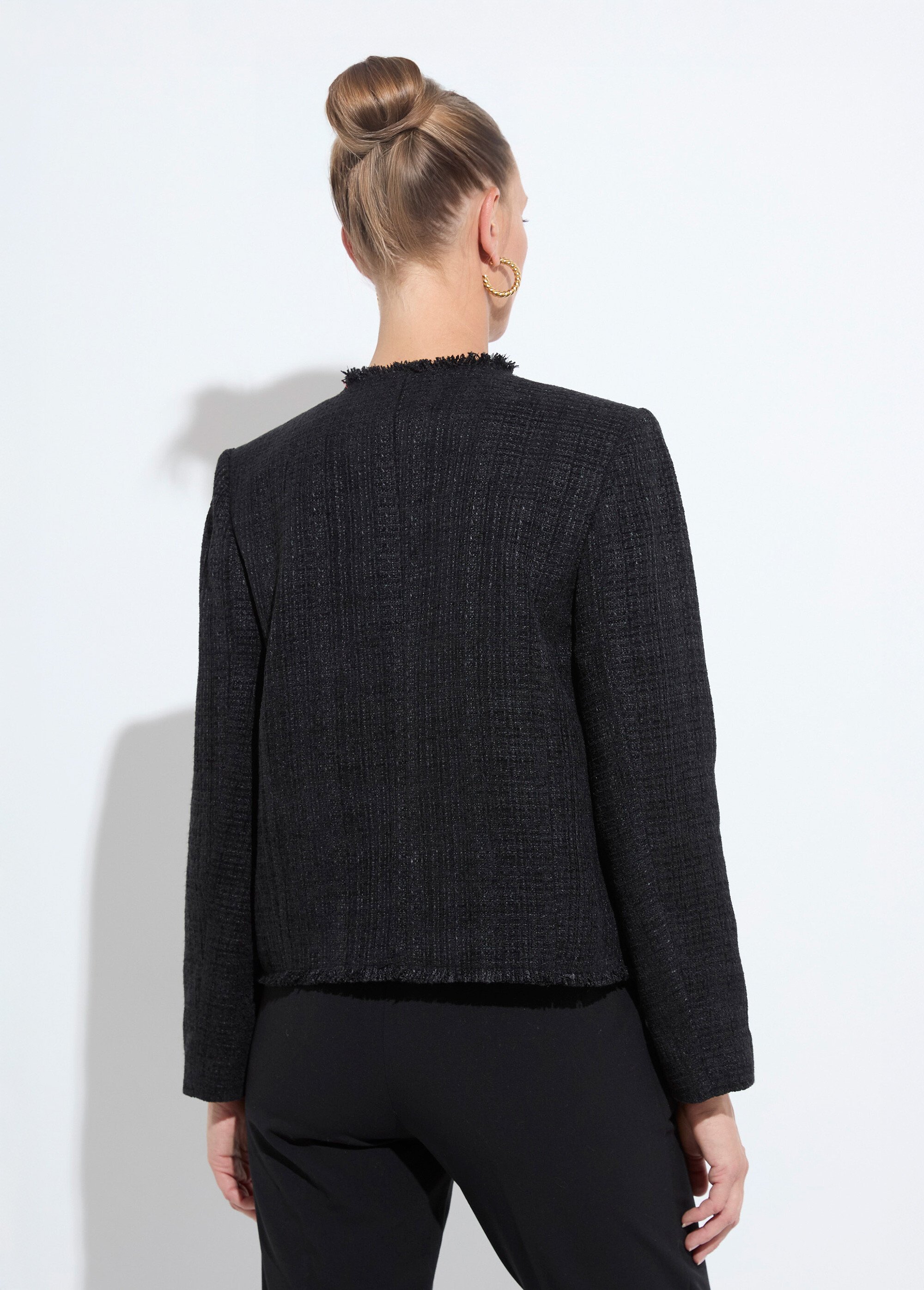Veste tweed boutonnée frangée sans col Femme Noir TAYANA DO1