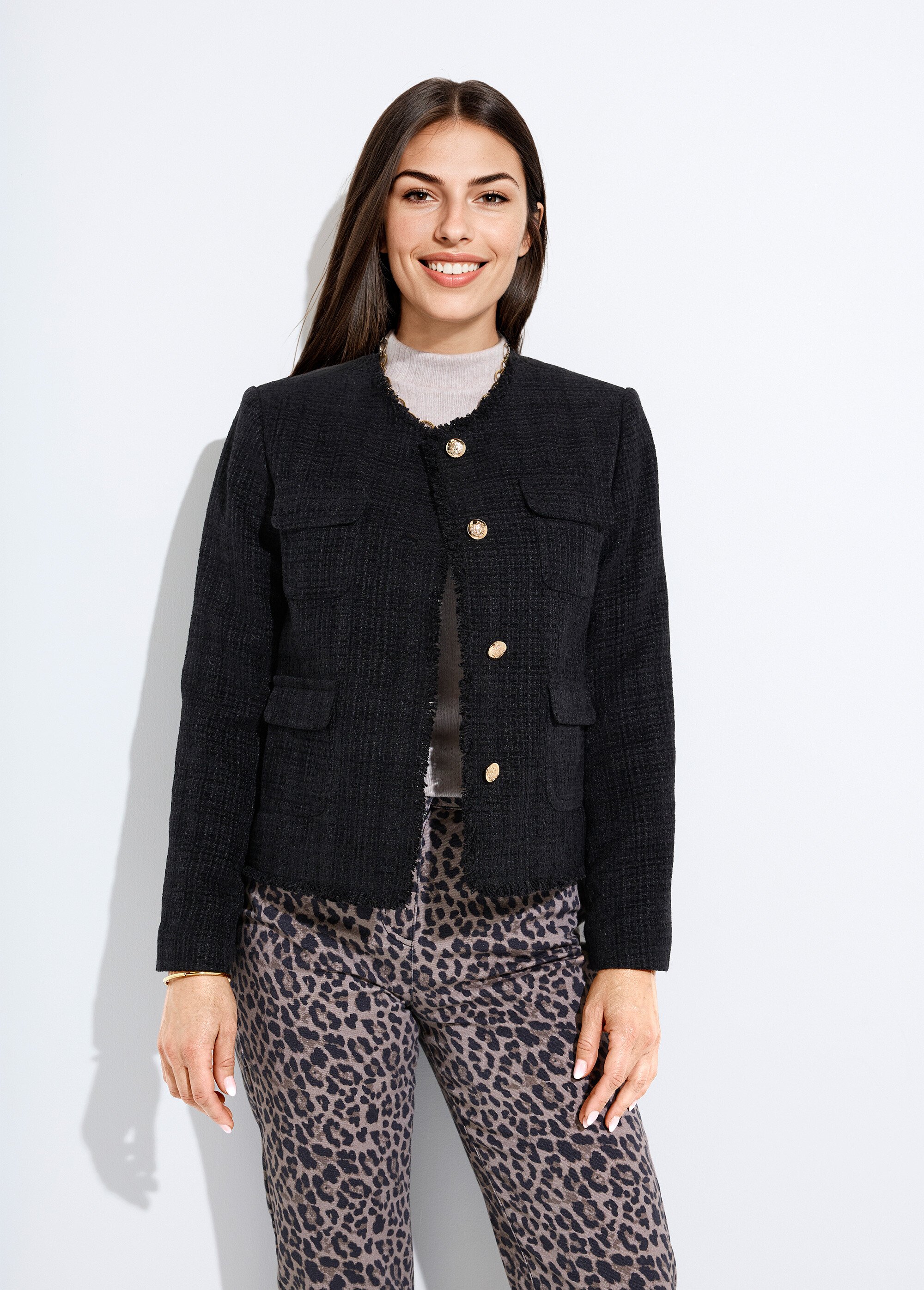 Veste tweed boutonnée frangée sans col Femme Noir TAYANA FA1
