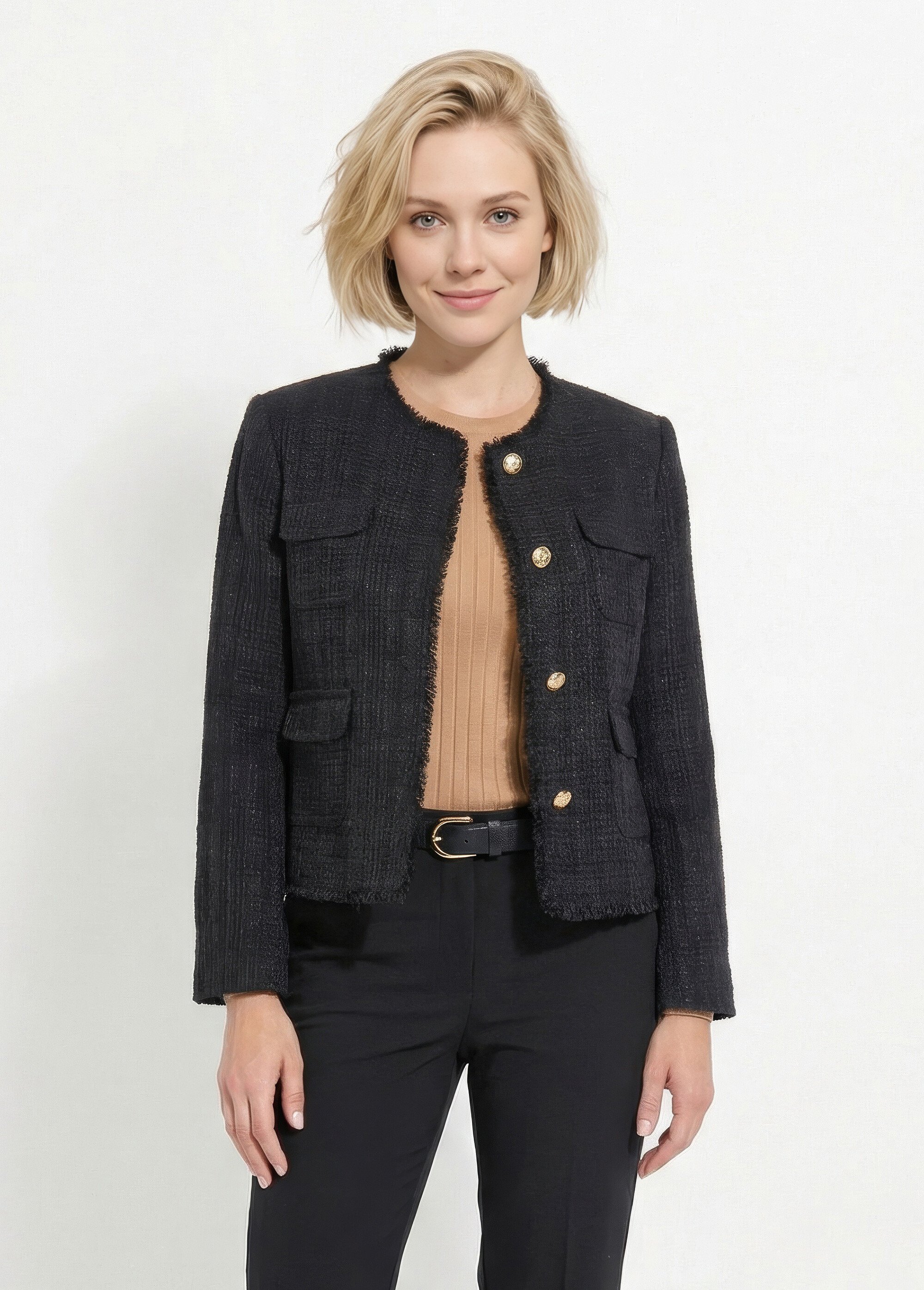 Veste tweed boutonnée frangée sans col Femme Noir TAYANA FA1