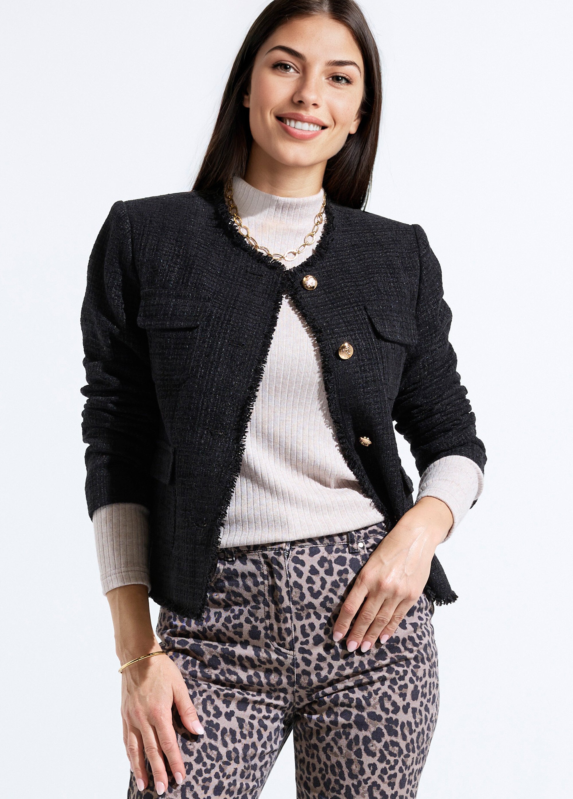 Veste tweed boutonnée frangée sans col