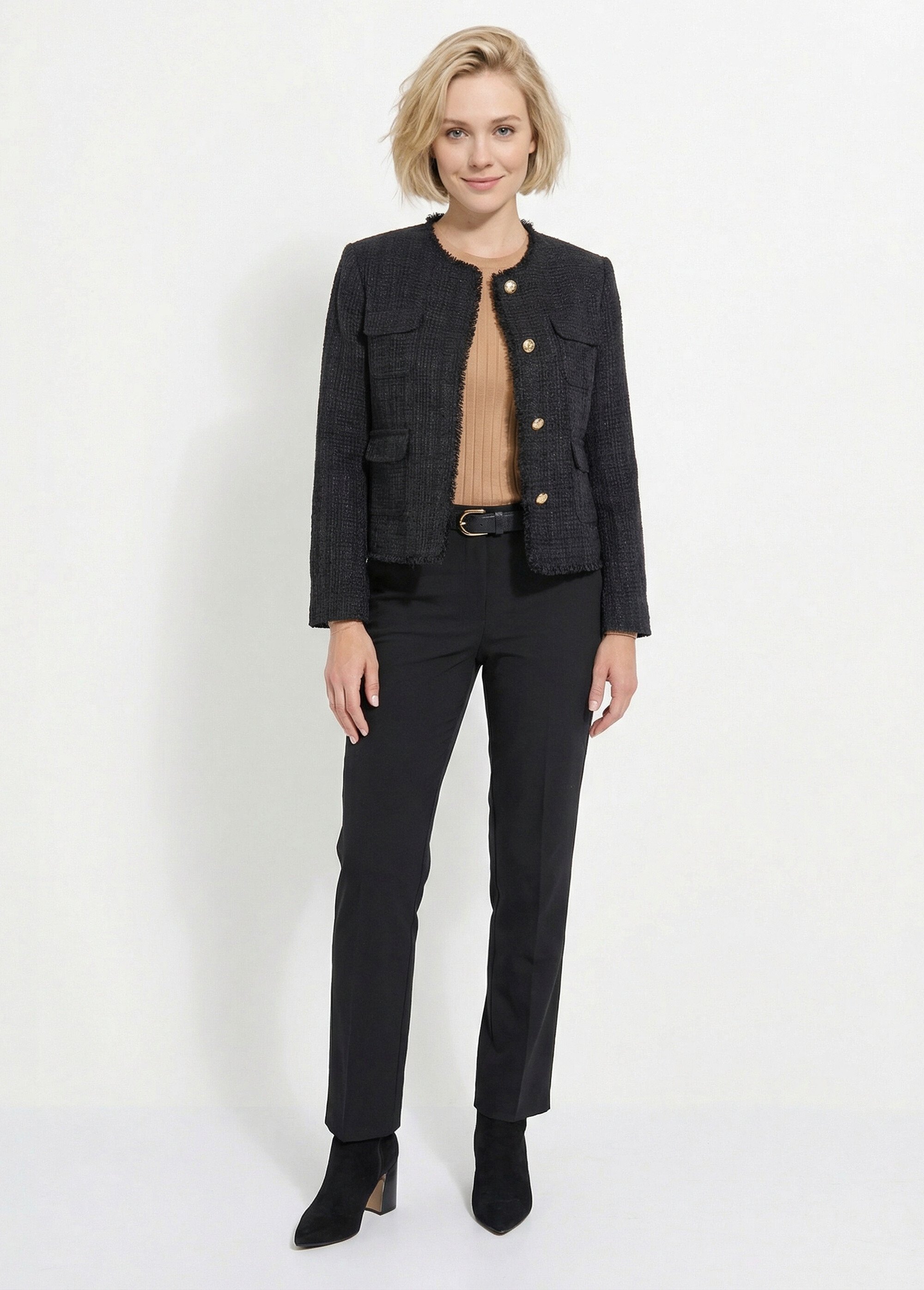 Veste tweed boutonnée frangée sans col Femme Noir TAYANA SF1