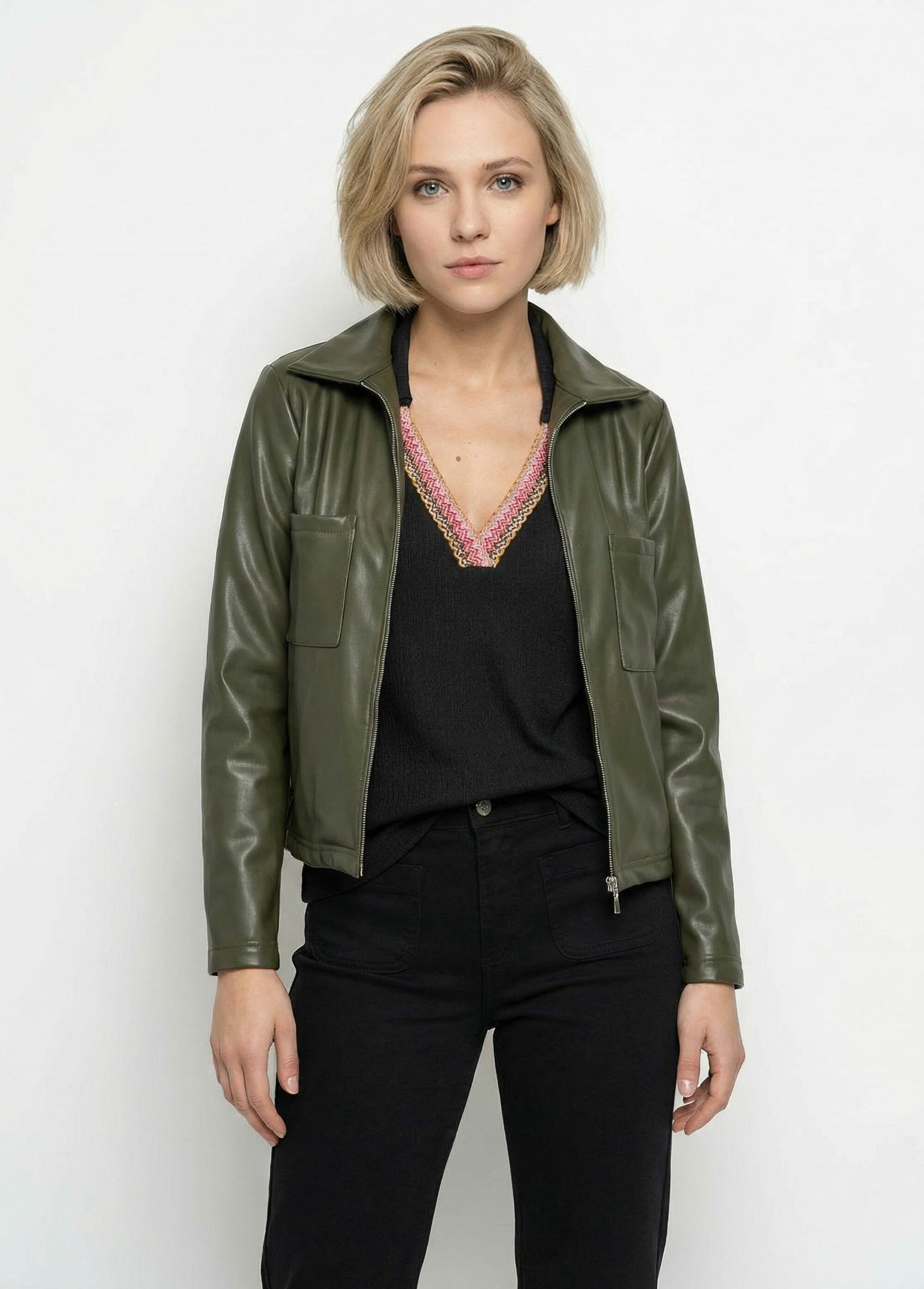 Veste zippée style motard, simili cuir Femme Vert TM-VINECUIR FA1
