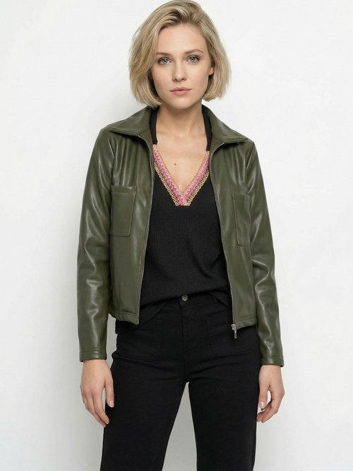Veste zippée style motard, simili cuir Femme Vert TM-VINECUIR FA1