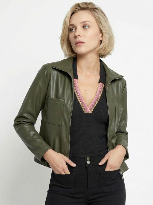 Veste zippée style motard, simili cuir Femme Vert TM-VINECUIR MV1