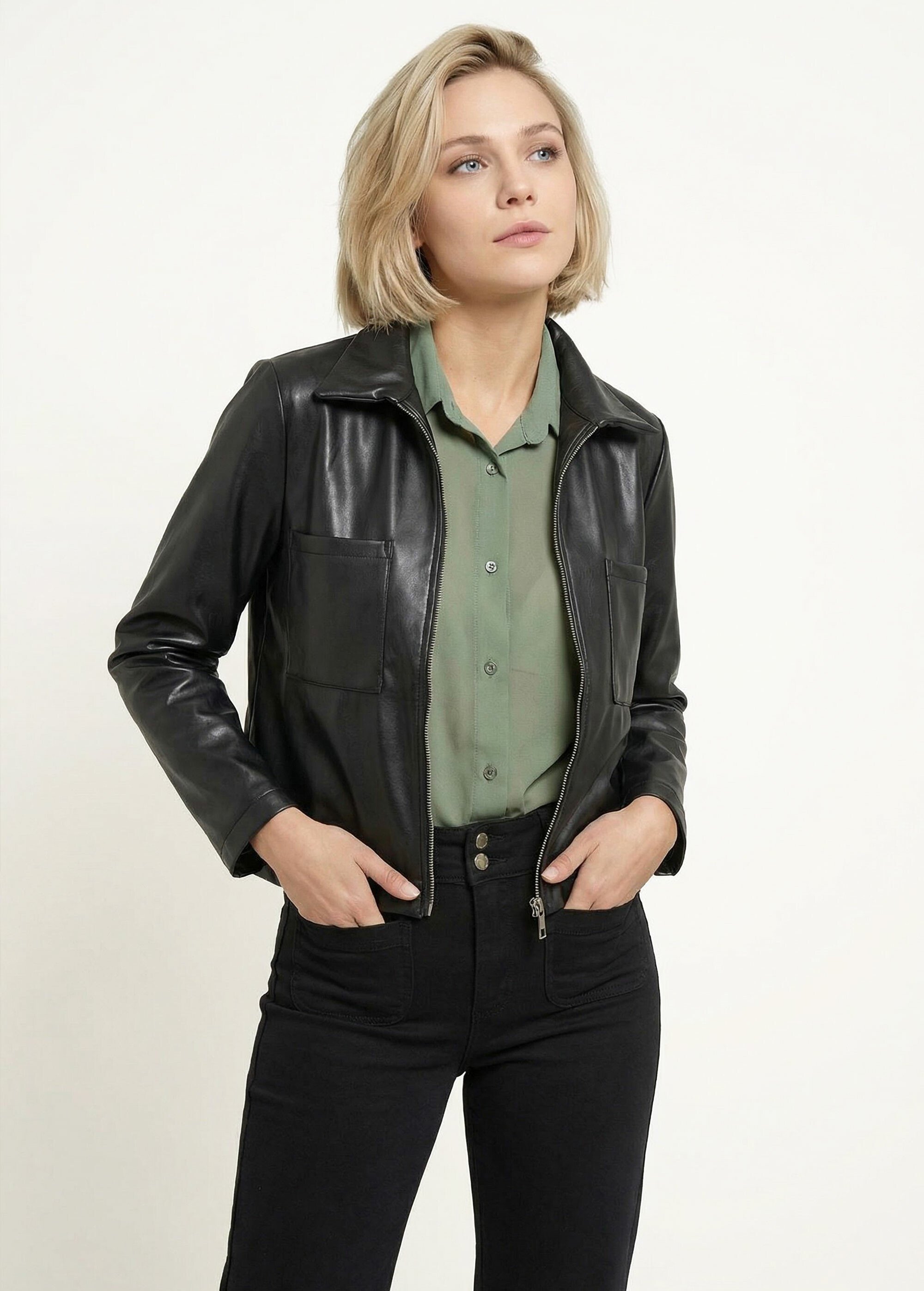 Veste zippée style motard, simili cuir Femme Noir TM-VINECUIR FA1