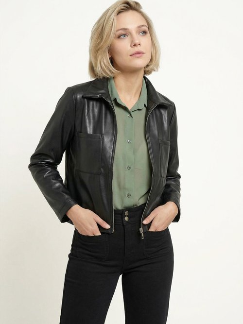 Veste zippée style motard, simili cuir Femme Noir TM-VINECUIR FA1