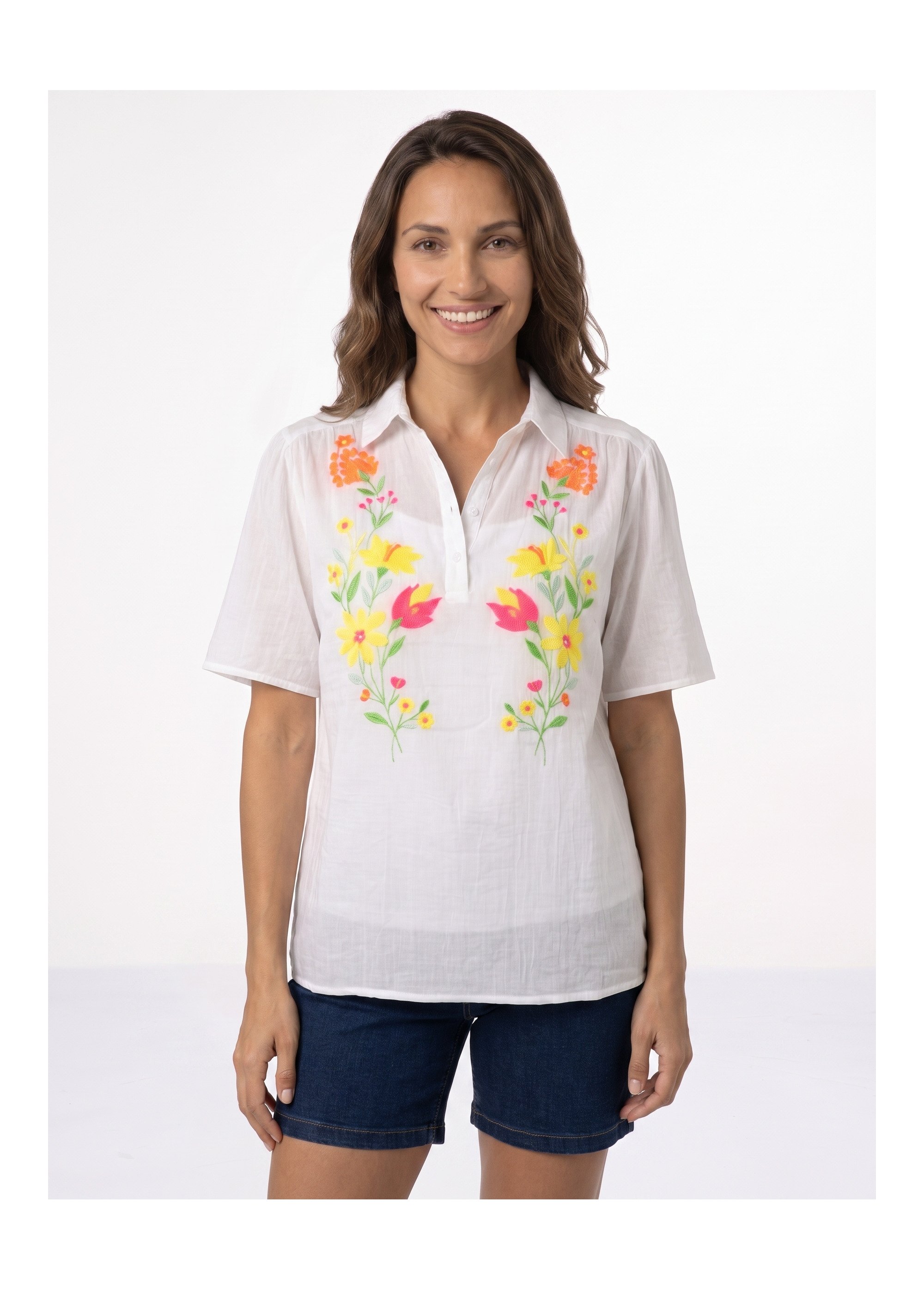 Blouse coton léger, broderies fluo Femme Blanc JS-TOP3769 FA1