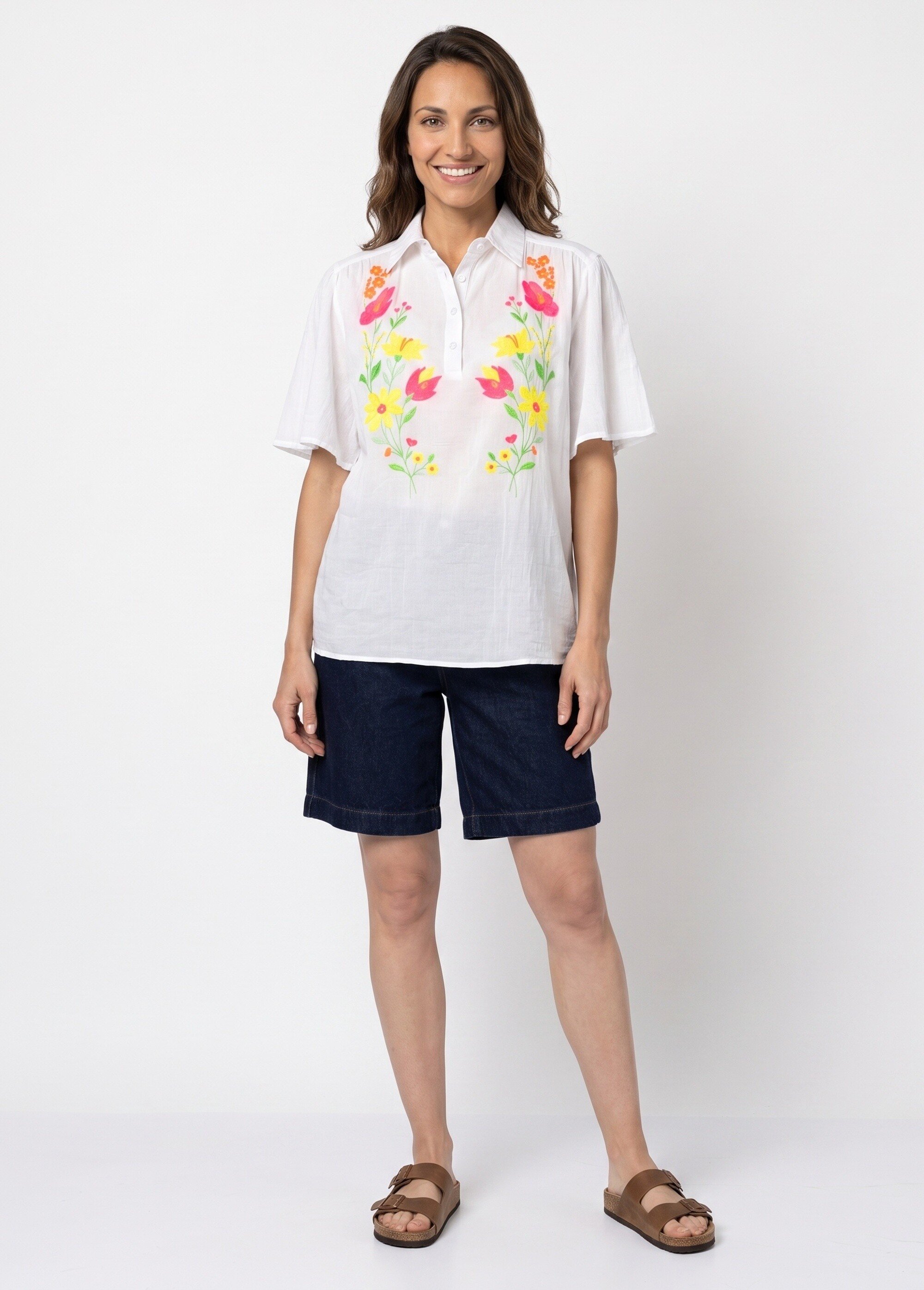 Blouse coton léger, broderies fluo Femme Blanc JS-TOP3769 SI1