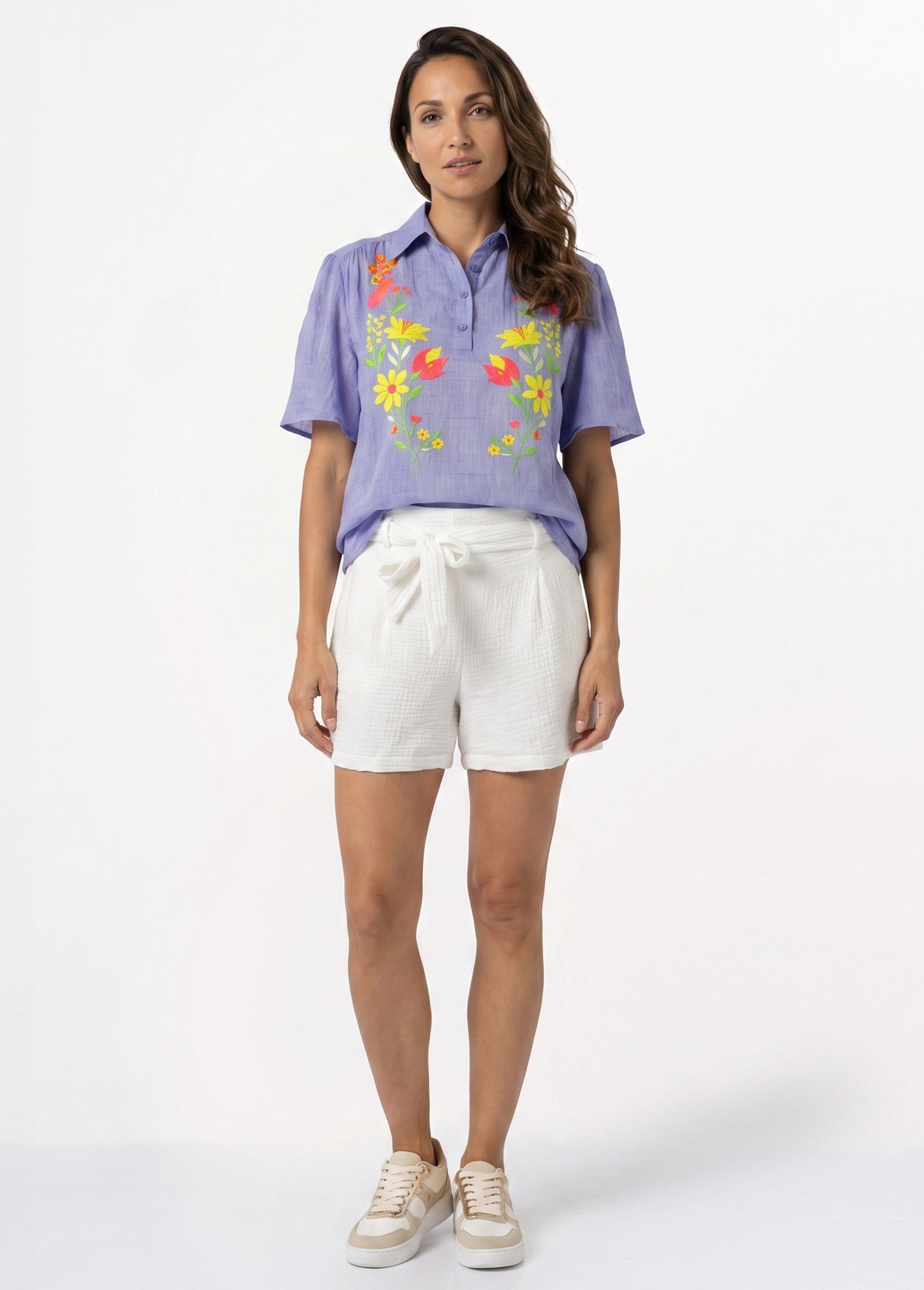 Blouse coton léger, broderies fluo Femme Bleu JS-TOP3769 SI1