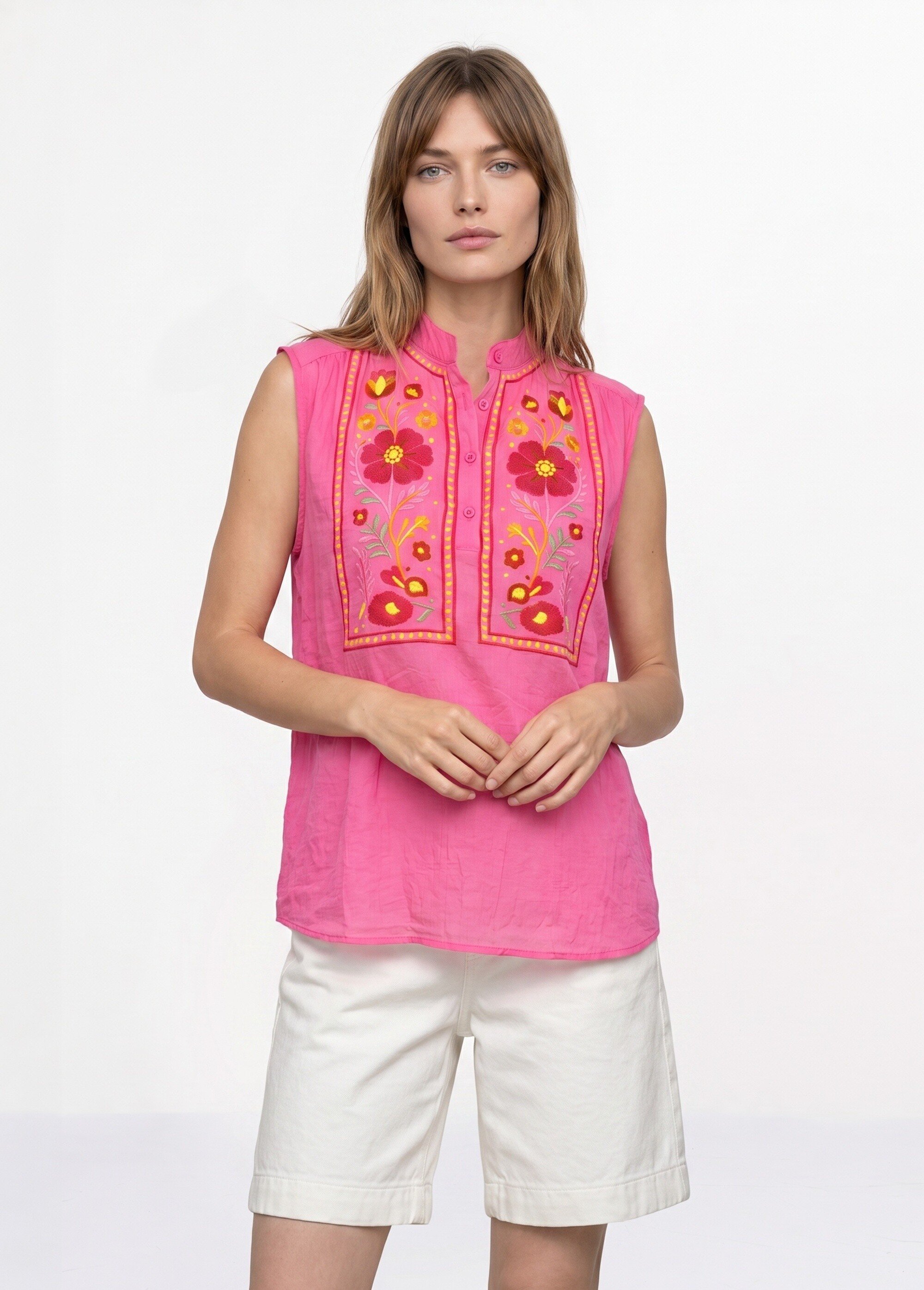 Blouse sans manches, broderies vives Femme Rose JS-TOP3778 FA1