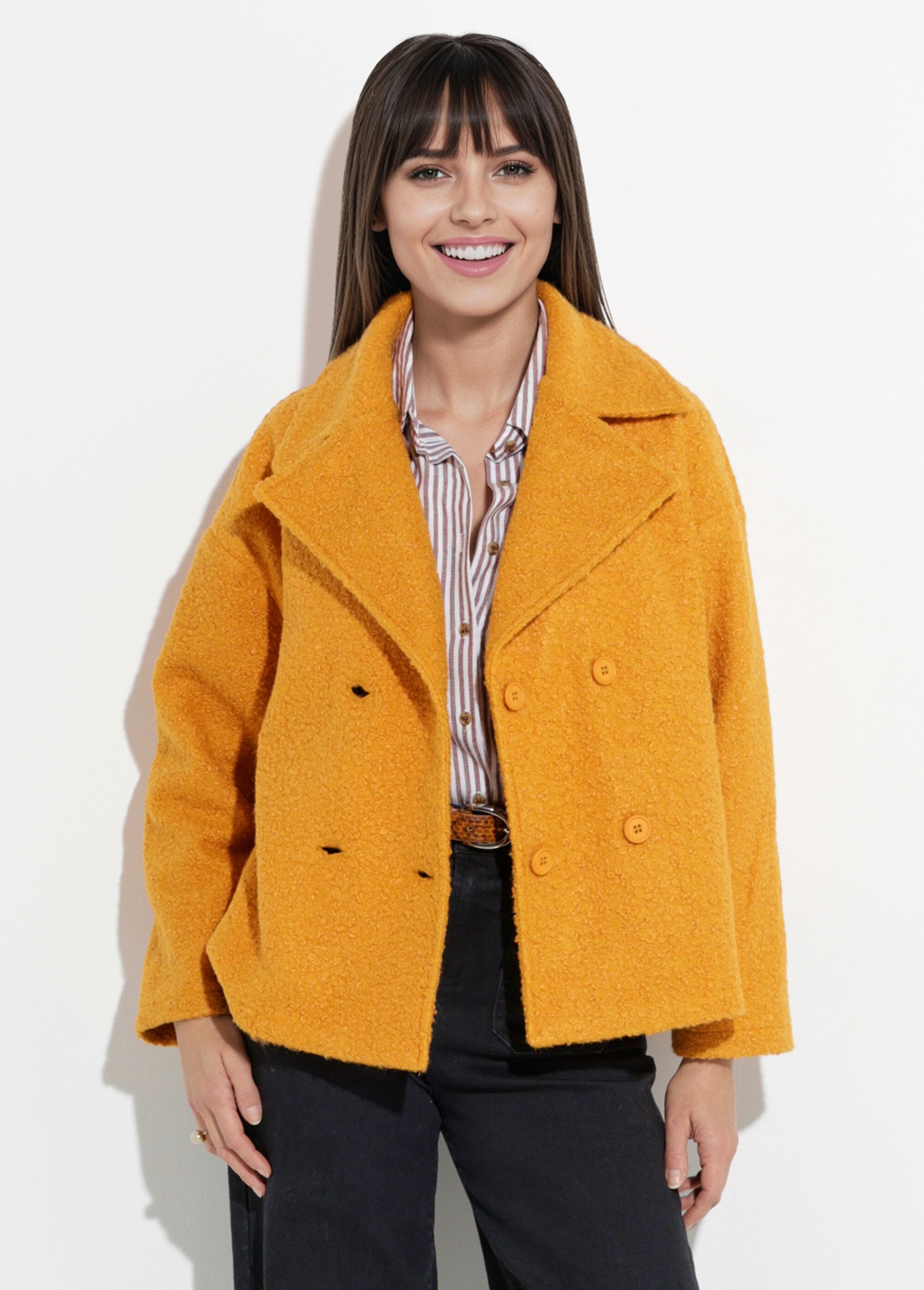 Caban court uni façon laine bouclée Femme Jaune TM-CACOURBOU FA1