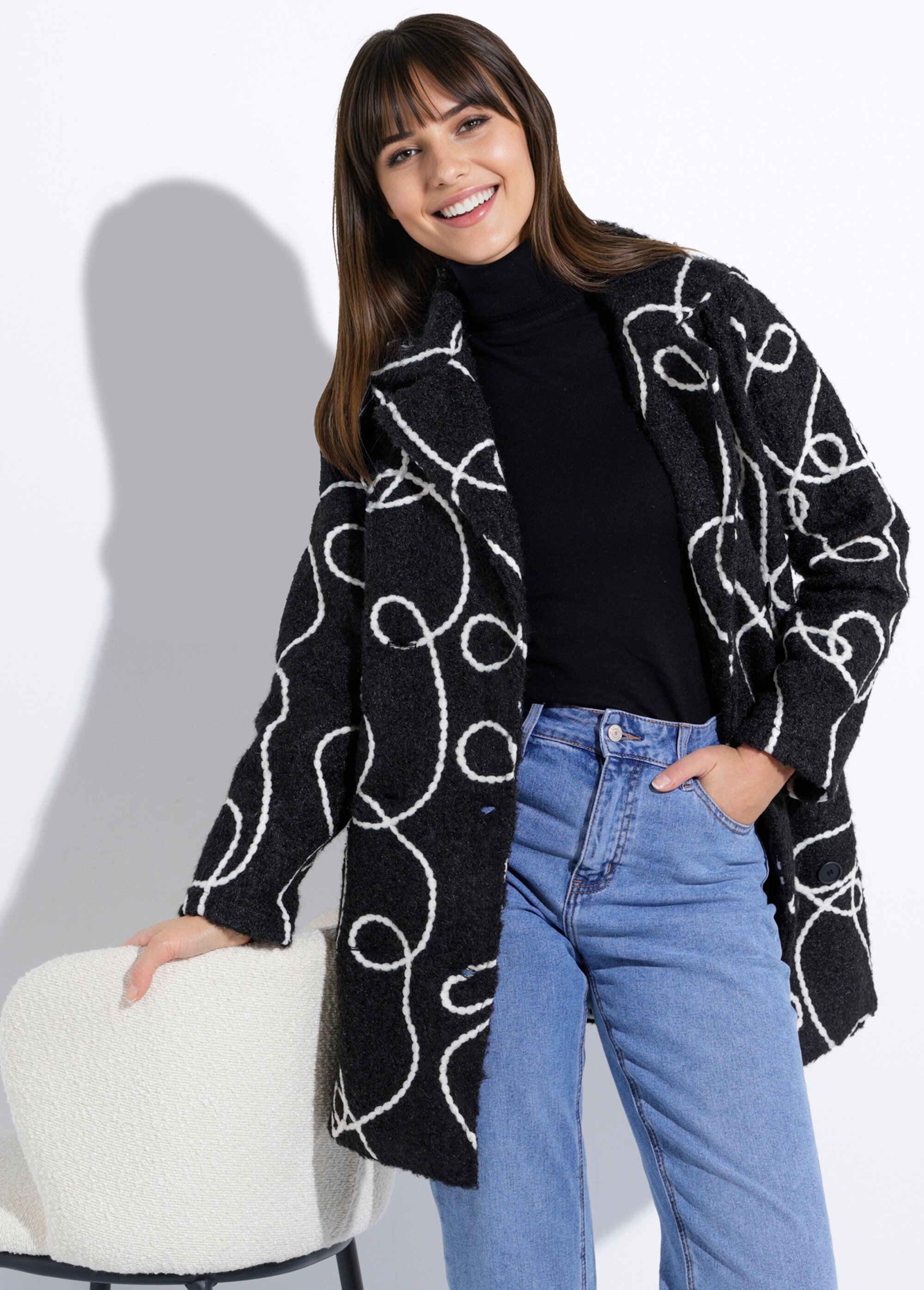 Caban long fantaisie type laine bouillie