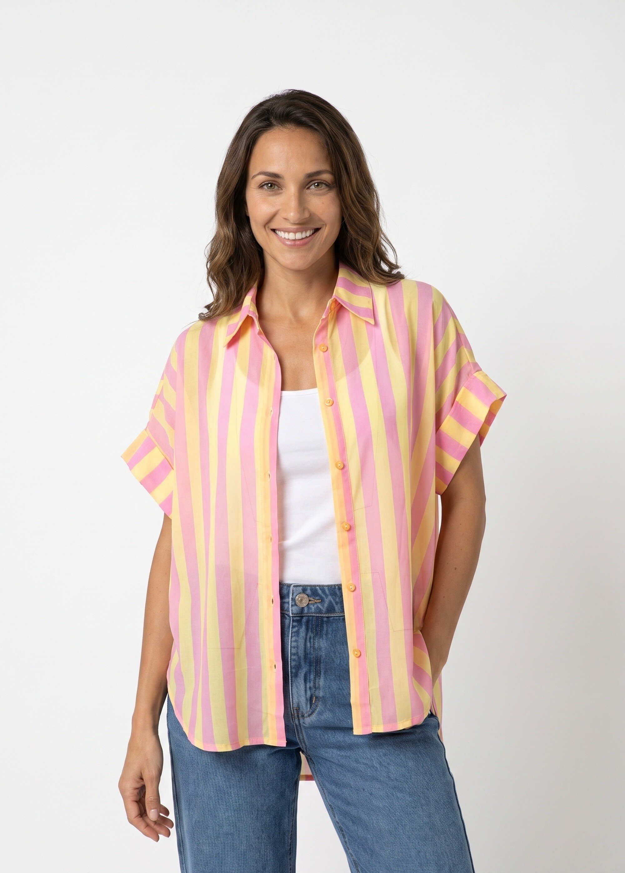 Chemisier rayé léger, manches à revers Femme Jaune JS-CH5251 FA1