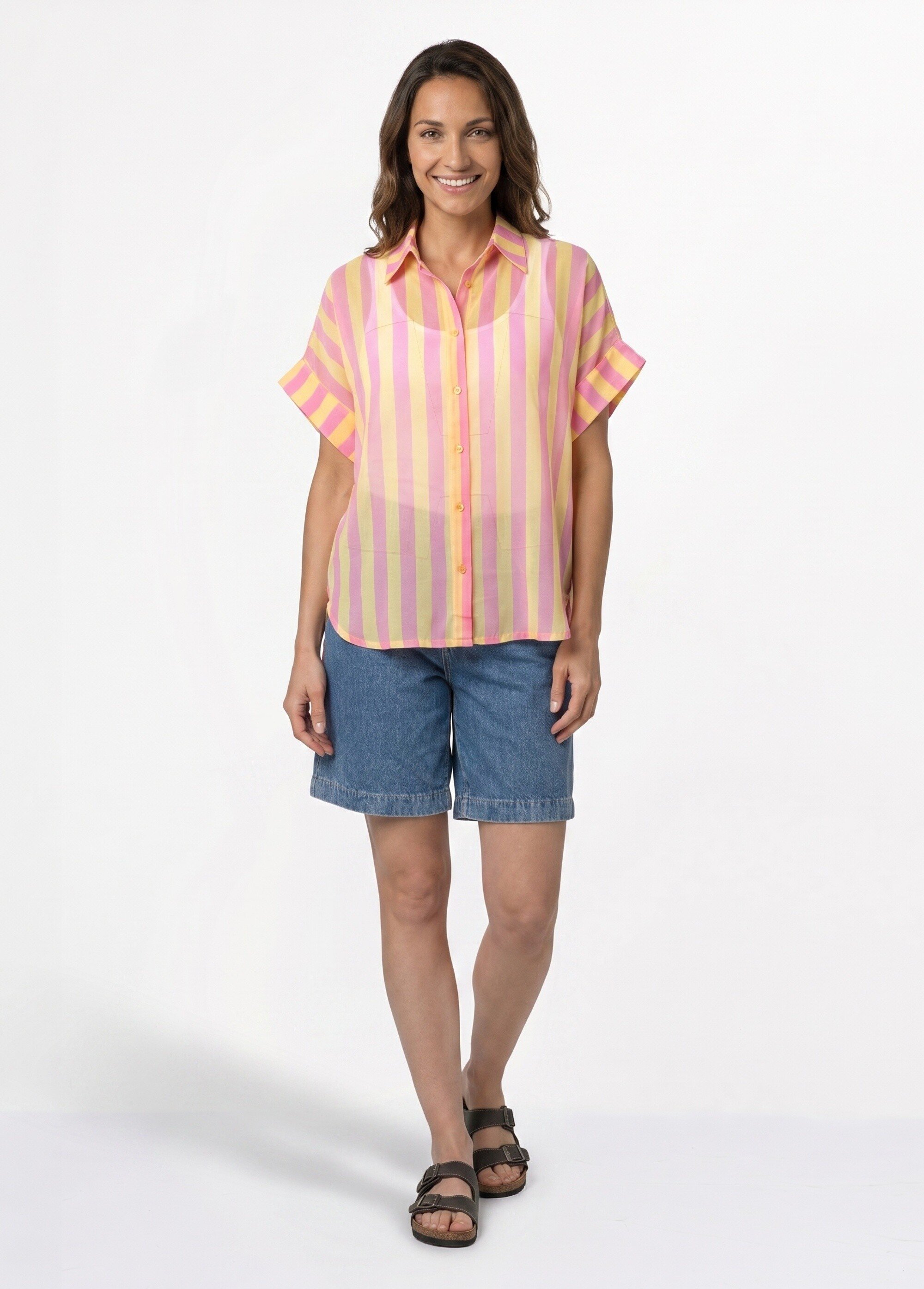Chemisier rayé léger, manches à revers Femme Jaune JS-CH5251 SI1