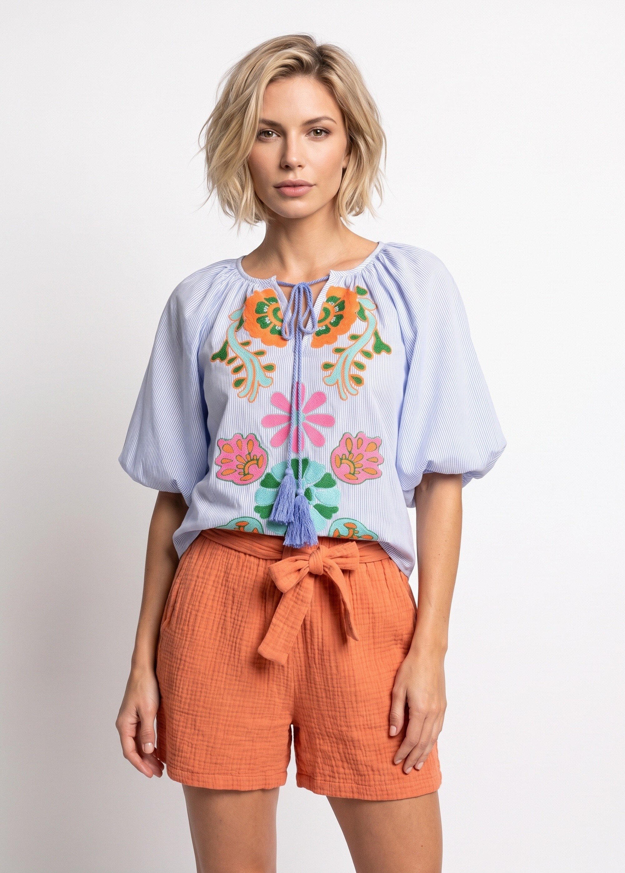 Blouse fleurs brodées, liens au col Femme Bleu JS-TOP3766 FA1
