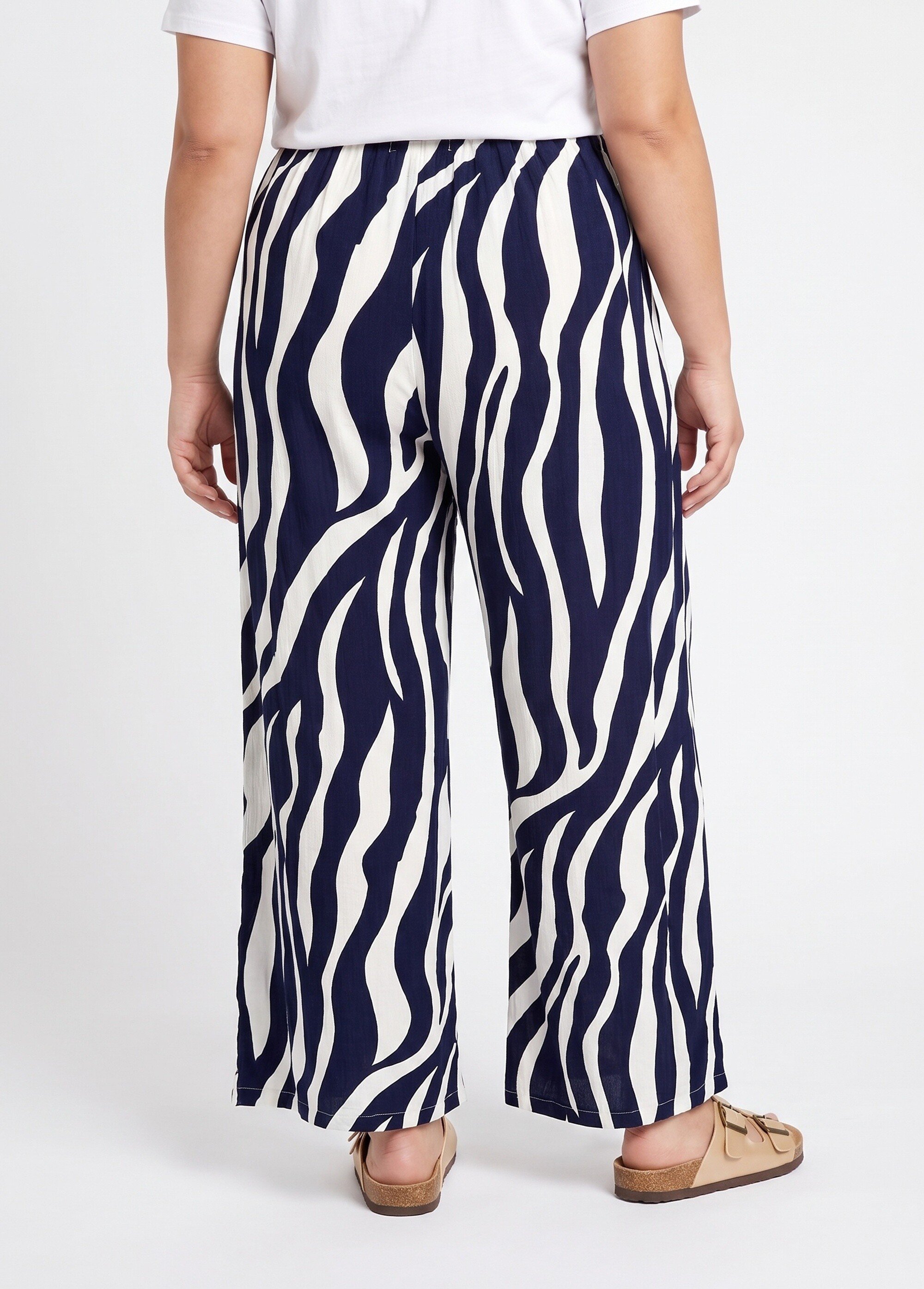 Pantalon large élastiqué, imprimé vagues Femme Grande Taille Bleu IKB-5566 DO1