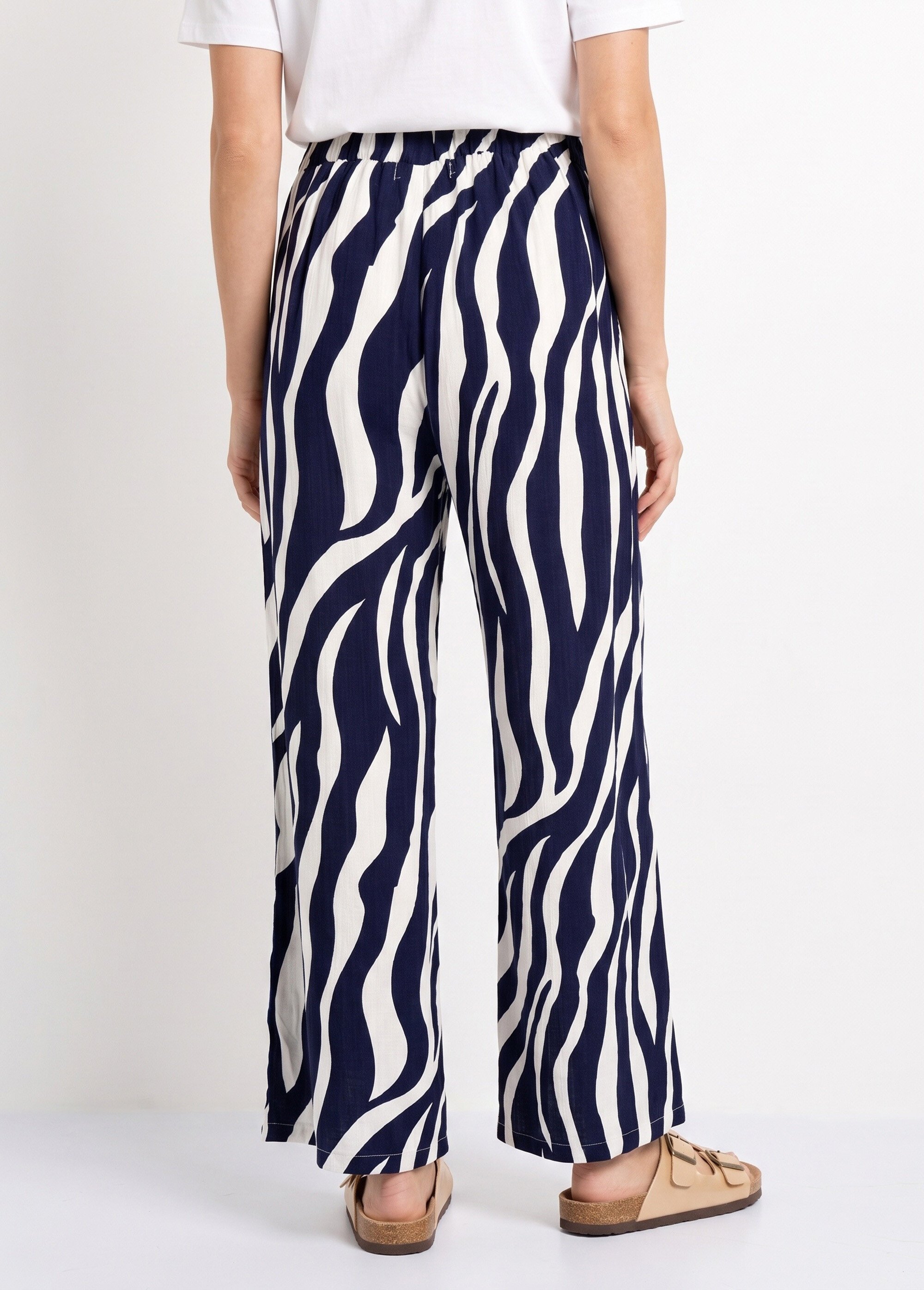 Pantalon large élastiqué, imprimé vagues Femme Bleu IKB-5566 DO1