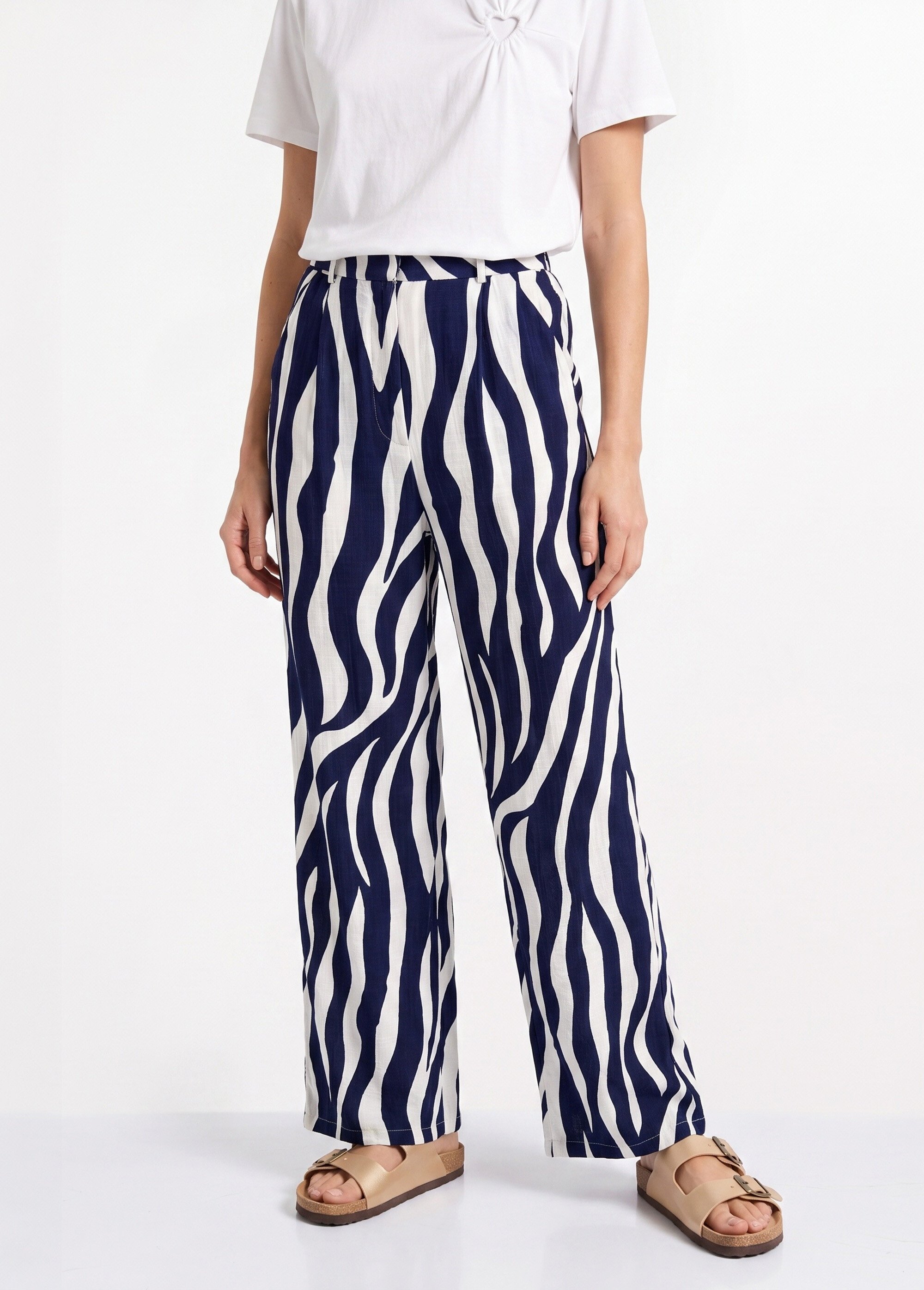 Pantalon large élastiqué, imprimé vagues Femme Bleu IKB-5566 FA1
