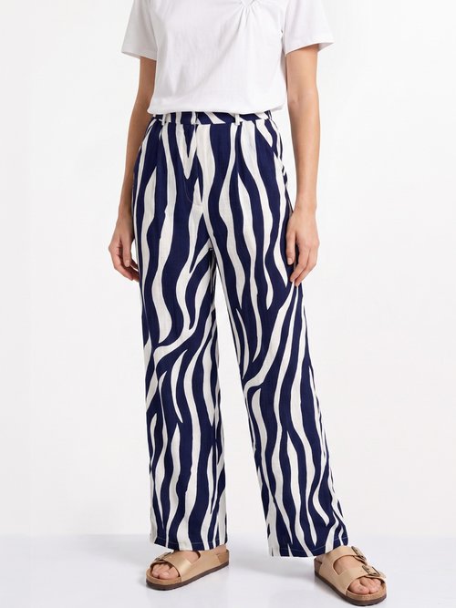 Pantalon large élastiqué, imprimé vagues Femme Bleu IKB-5566 FA1