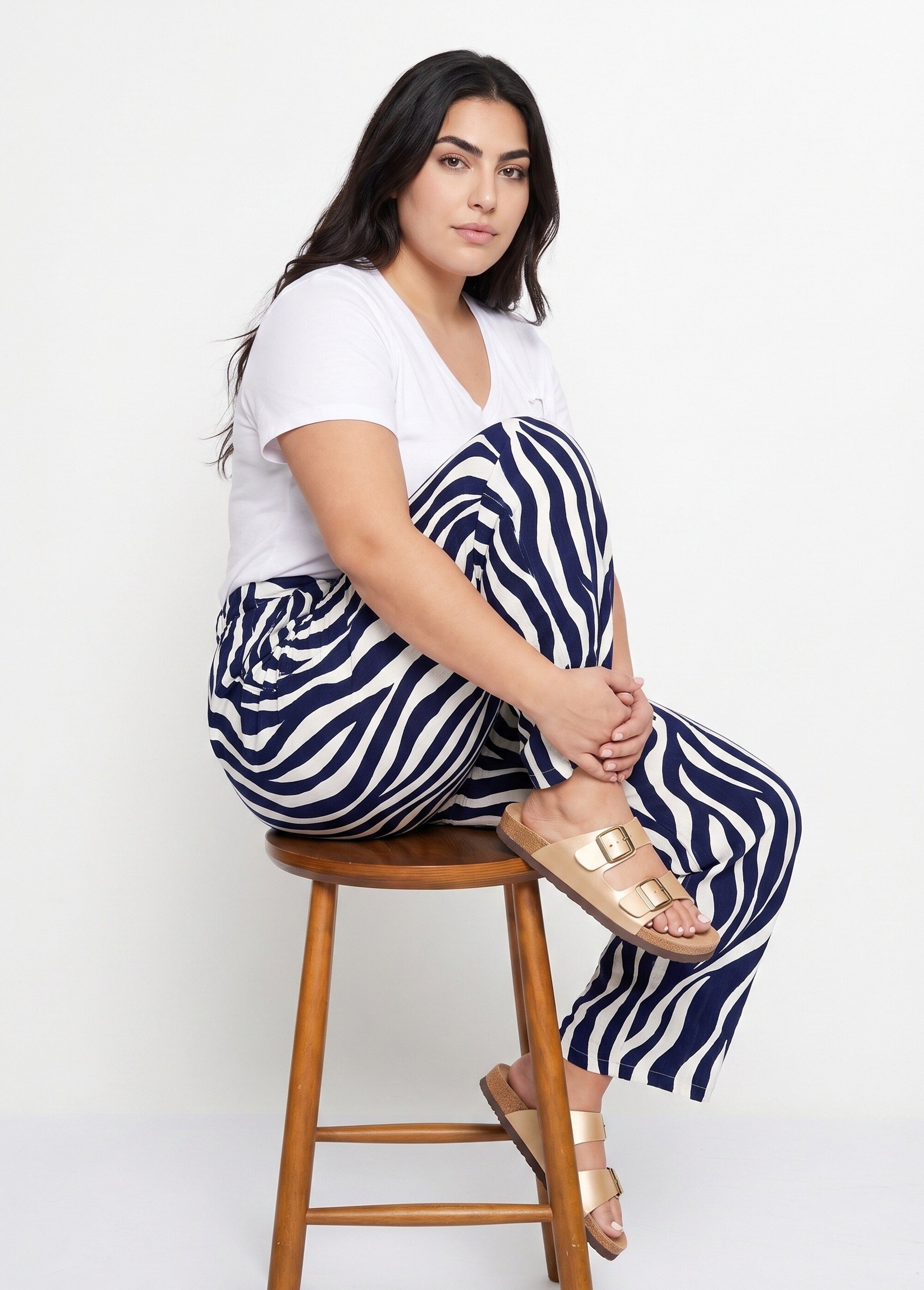 Pantalon large élastiqué, imprimé vagues Femme Grande Taille Bleu IKB-5566 MV1
