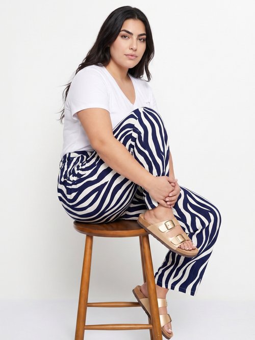 Pantalon large élastiqué, imprimé vagues Femme Grande Taille Bleu IKB-5566 MV1