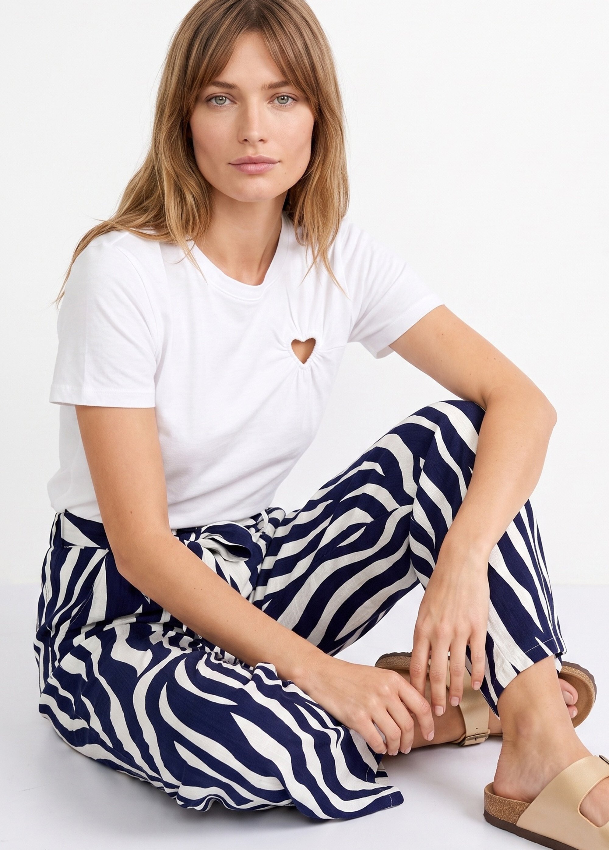 Pantalon large élastiqué, imprimé vagues Femme Bleu IKB-5566 MV1