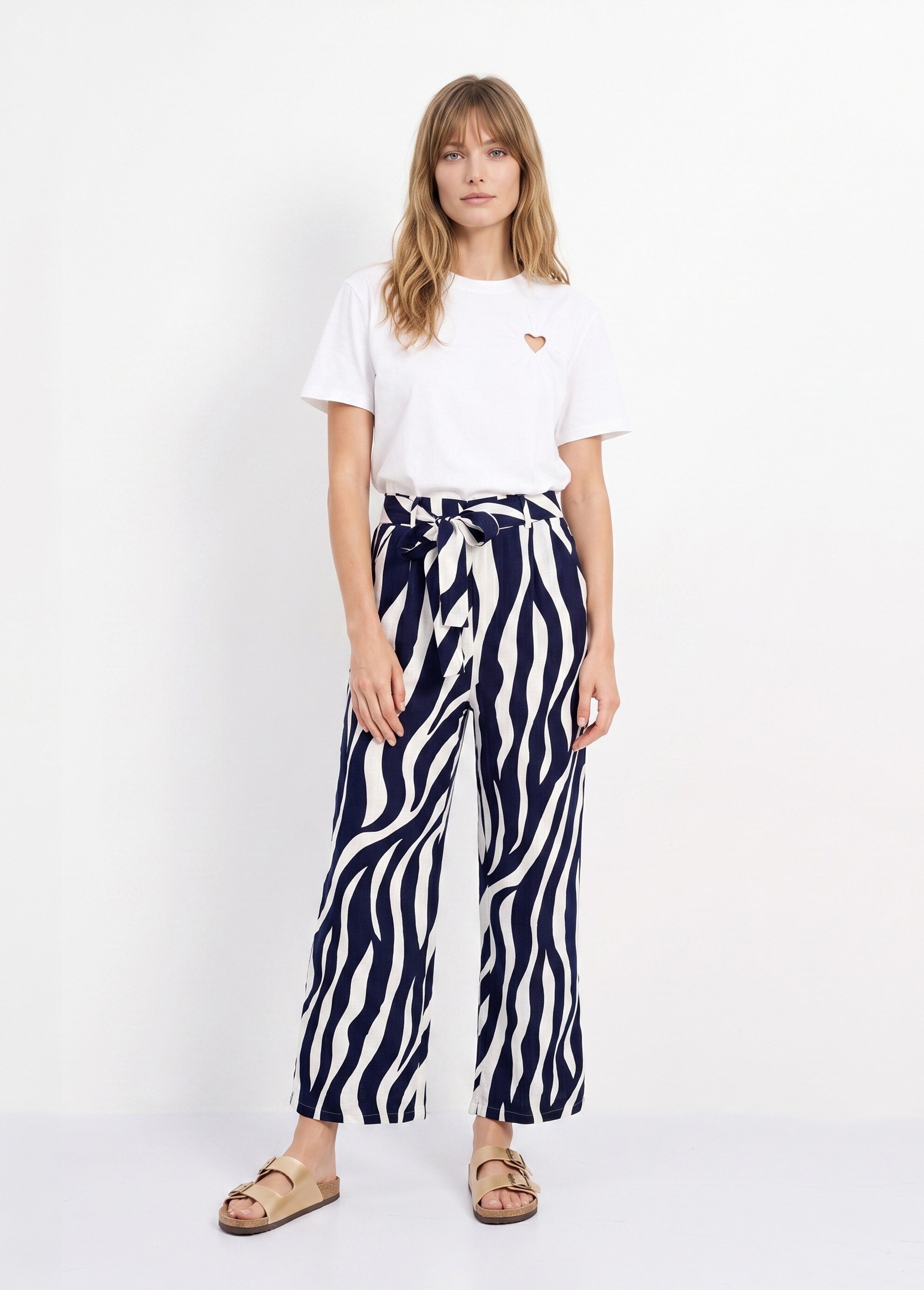 Pantalon large élastiqué, imprimé vagues Femme Bleu IKB-5566 SF1