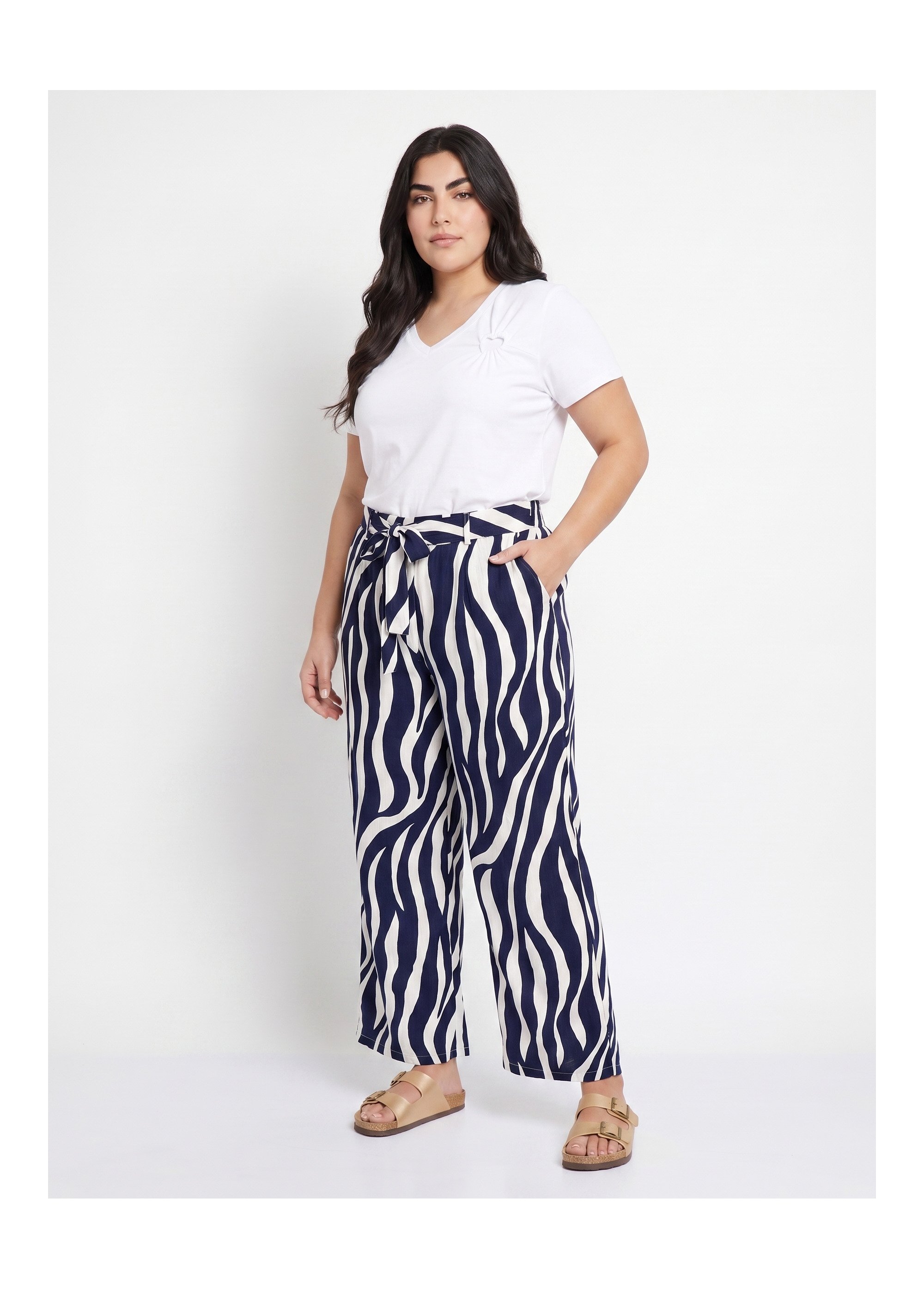 Pantalon large élastiqué, imprimé vagues Femme Grande Taille Bleu IKB-5566 SI1