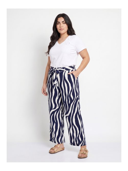 Pantalon large élastiqué, imprimé vagues Femme Grande Taille Bleu IKB-5566 SI1