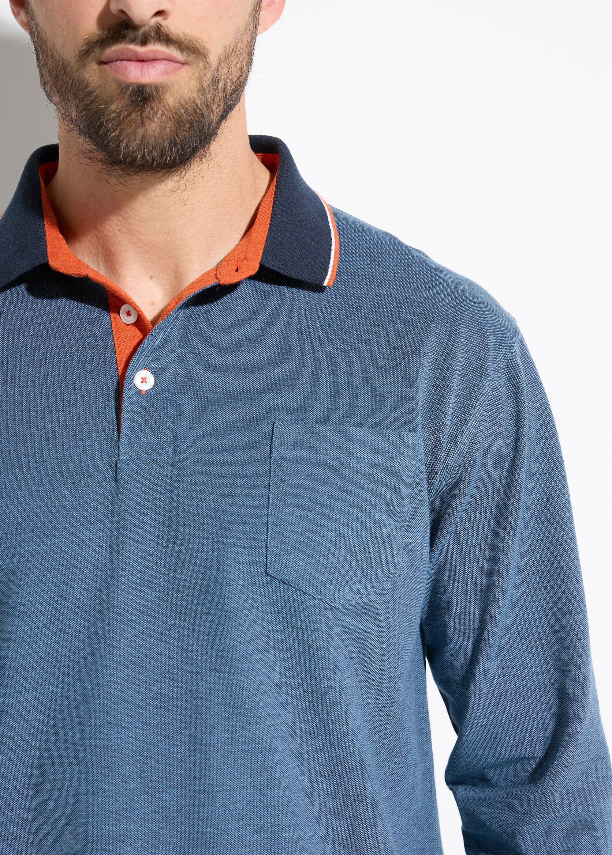 Polo maille piquée manches longues coton Homme Bleu FISTON DE1
