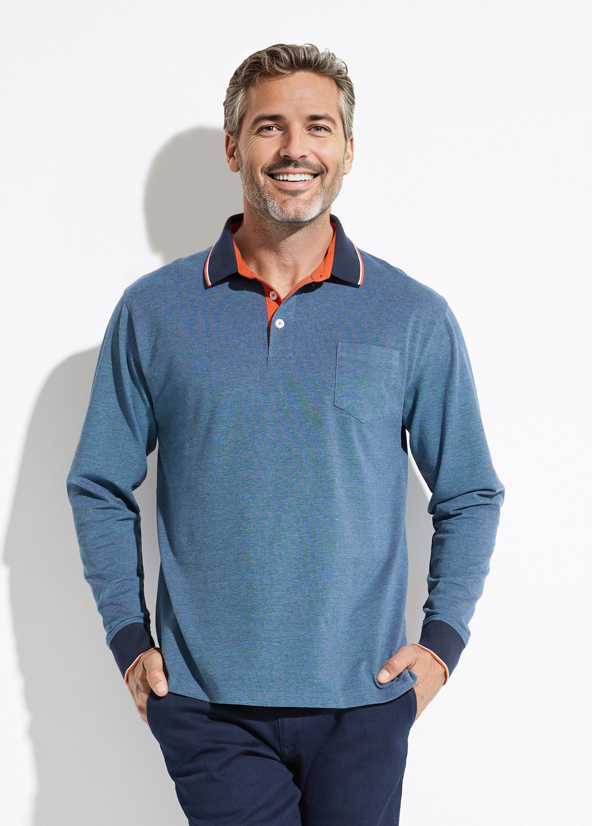 Polo maille piquée manches longues coton Homme Bleu FISTON FA1