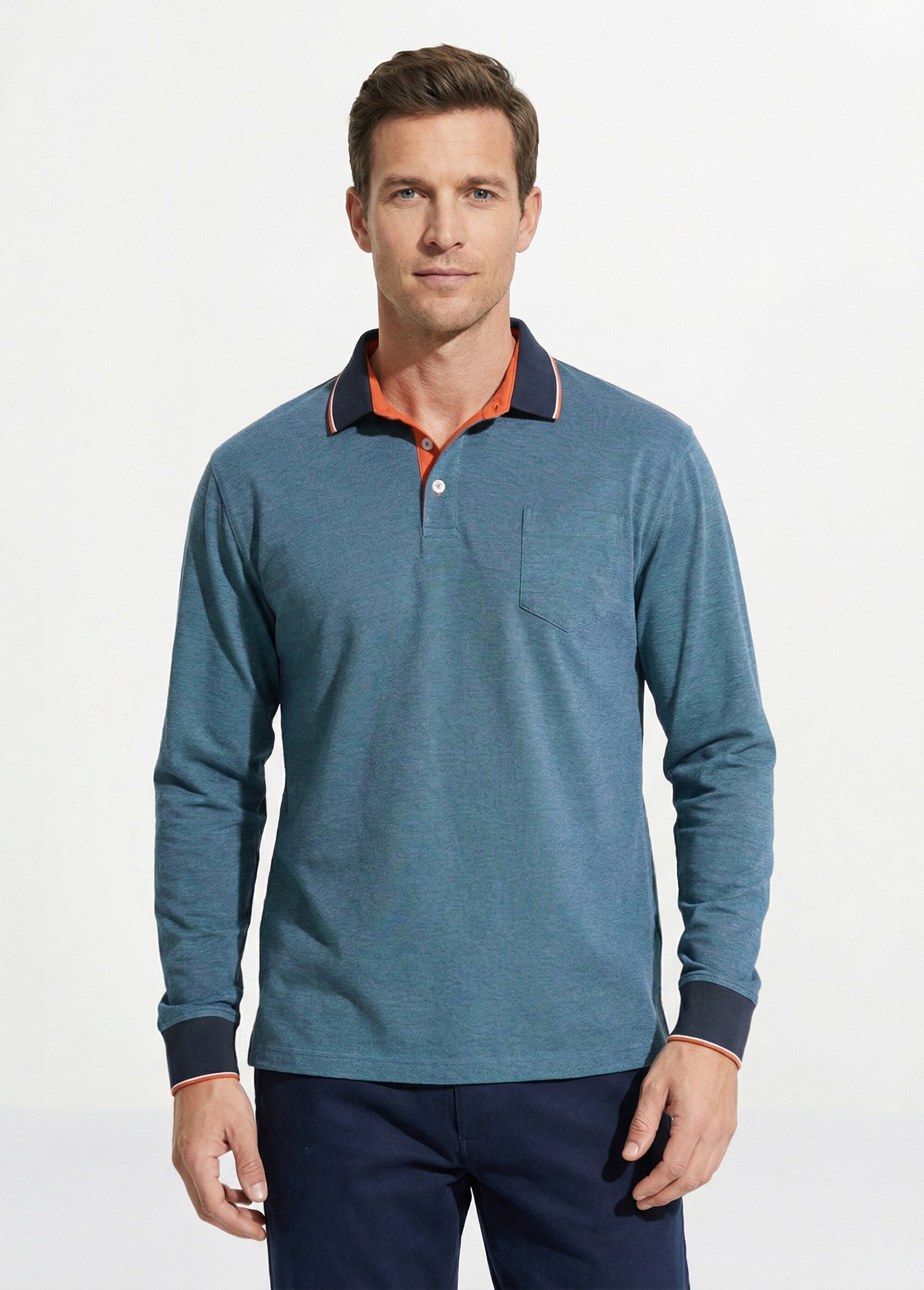Polo maille piquée manches longues coton Homme Bleu FISTON FA1