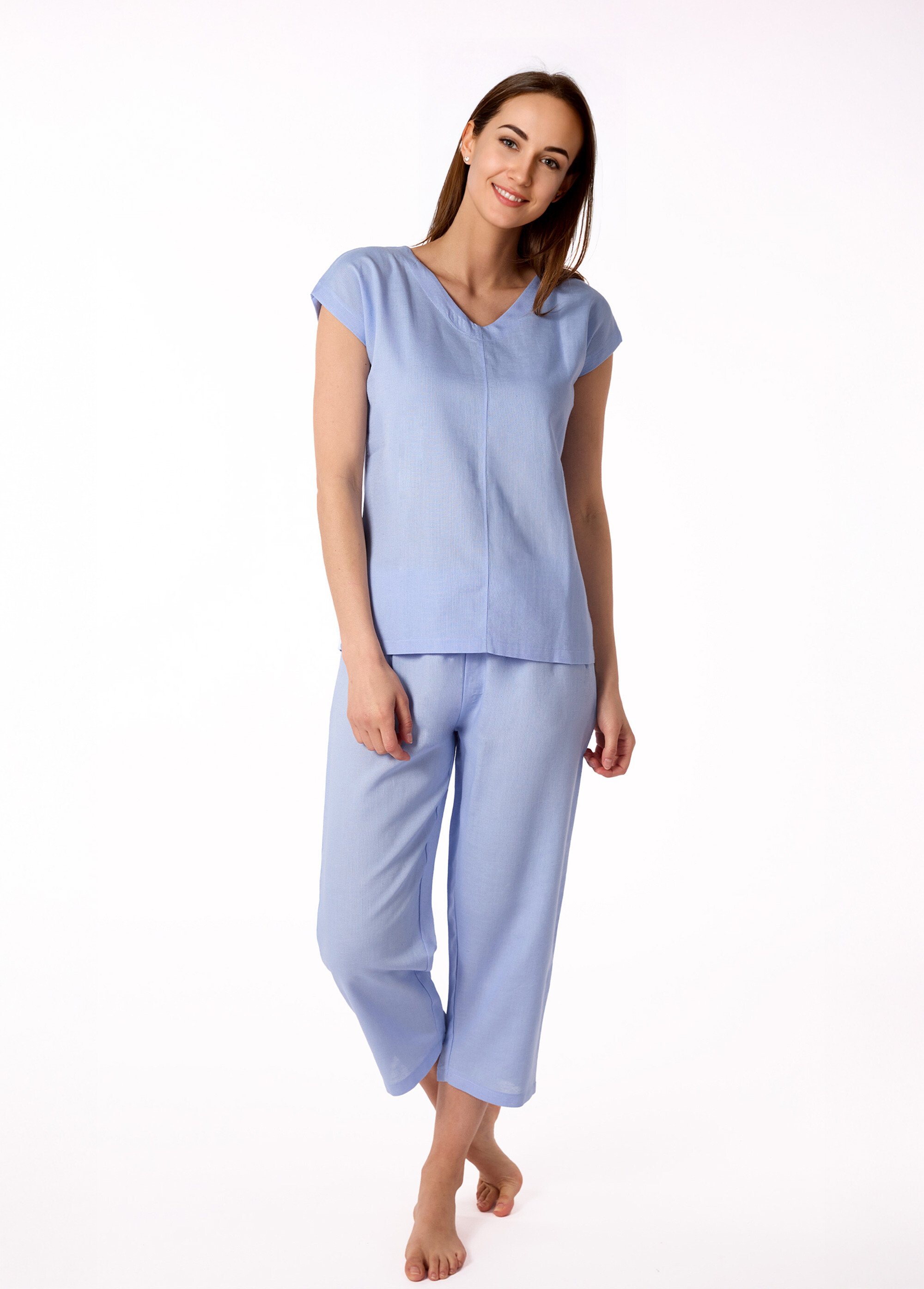 Pyjama avec lin manches courtes col V Femme Bleu BE.LISBO.PCOGT FA1