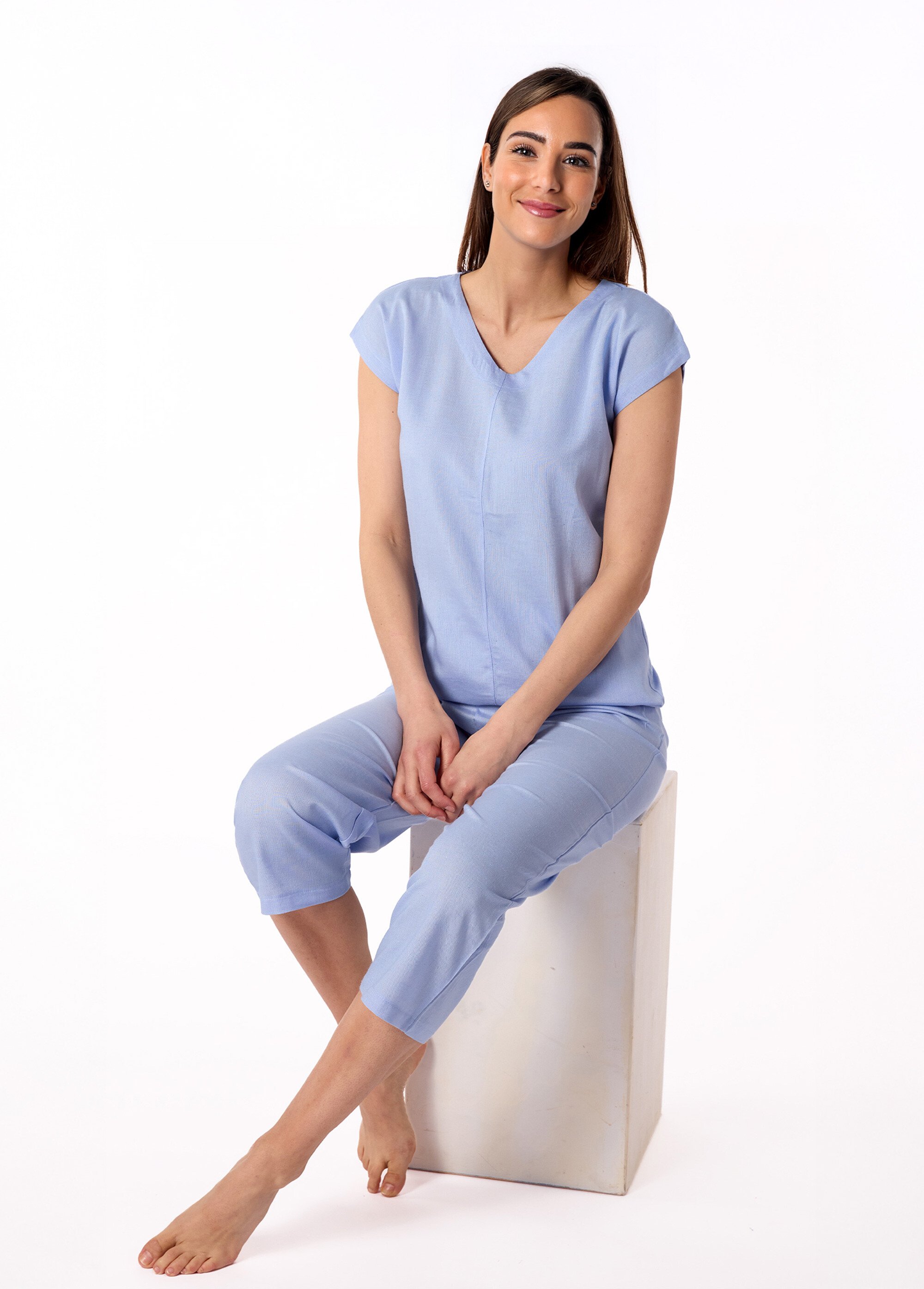Pyjama avec lin manches courtes col V Femme Bleu BE.LISBO.PCOGT SI1