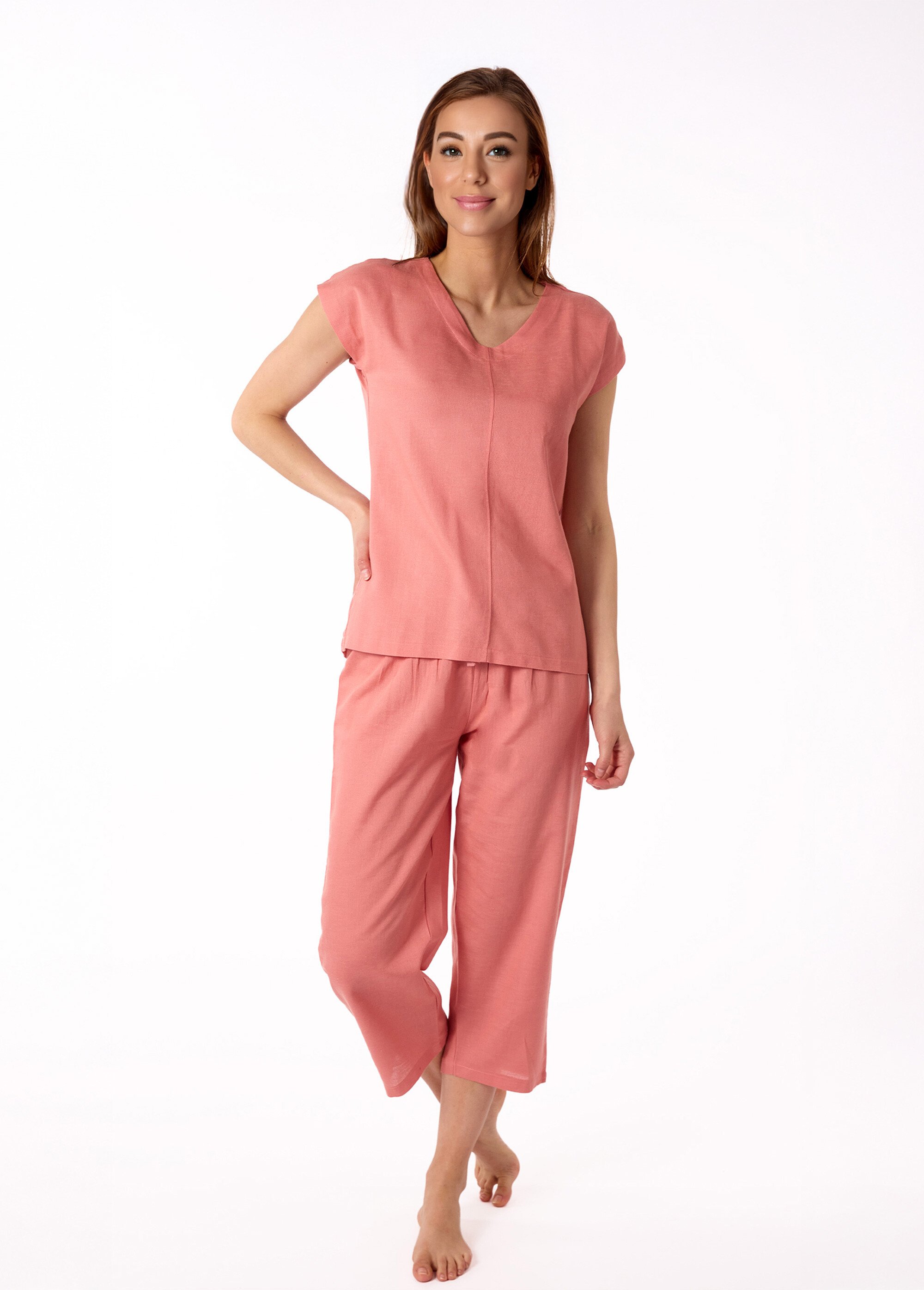 Pyjama avec lin manches courtes col V Femme Orange BE.LISBO.PCOGT FA1